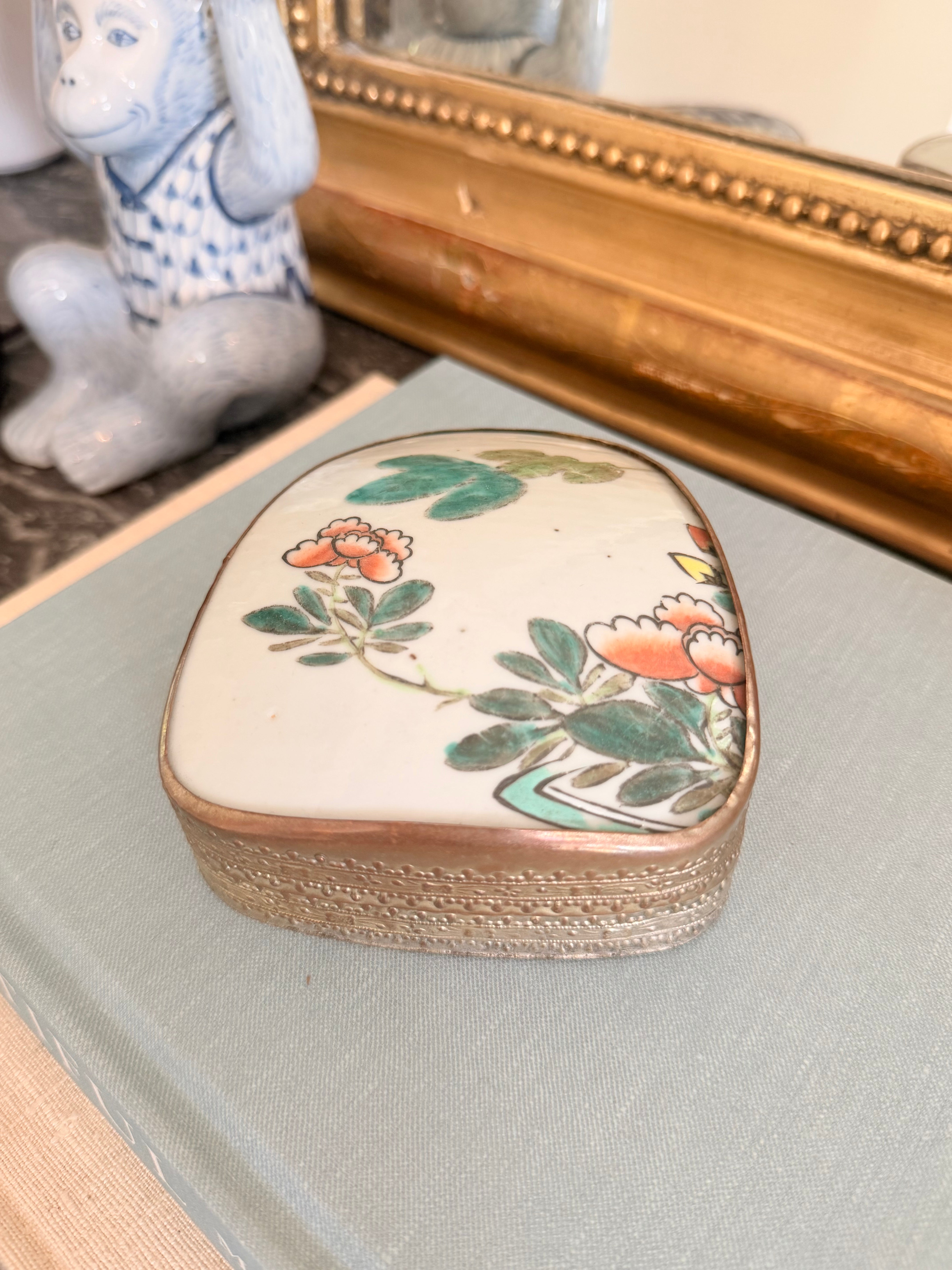 Vintage Porcelain Shard Box with Floral Detail, 5”
