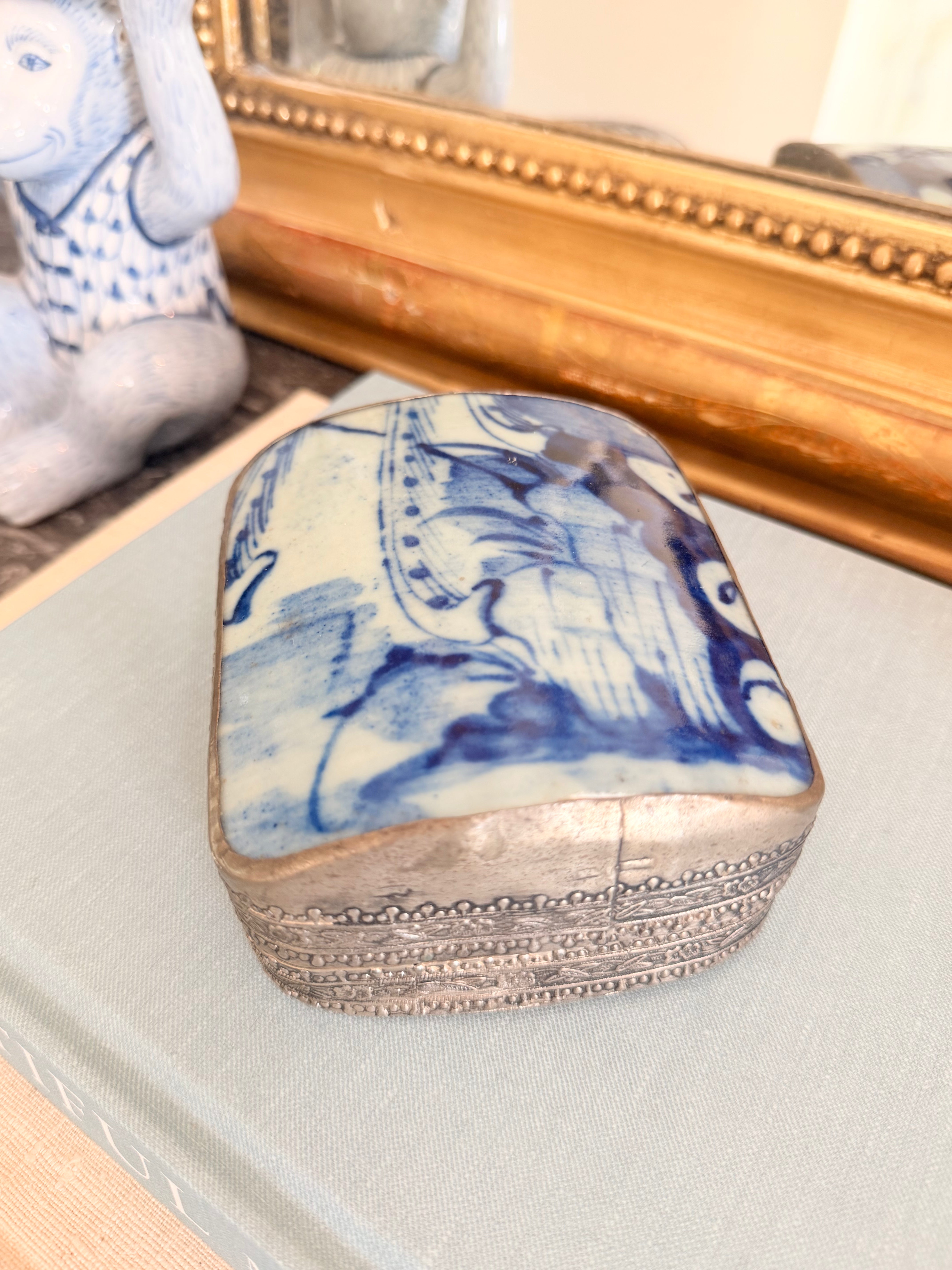 Vintage Blue and White Porcelain Shard Box with Floral Motif, 5”