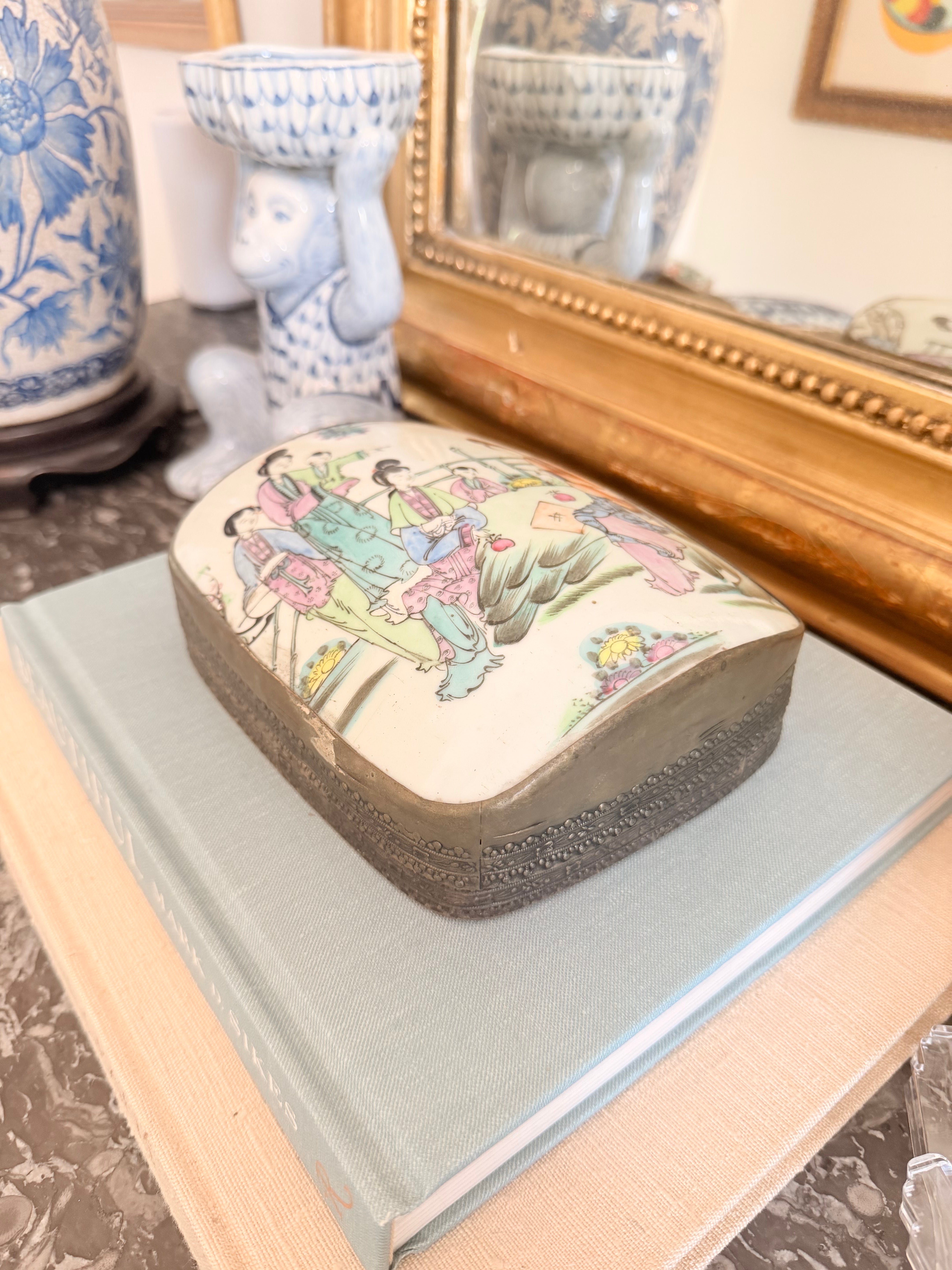 Vintage XL Porcelain Shard Box with Women and Children, 7”