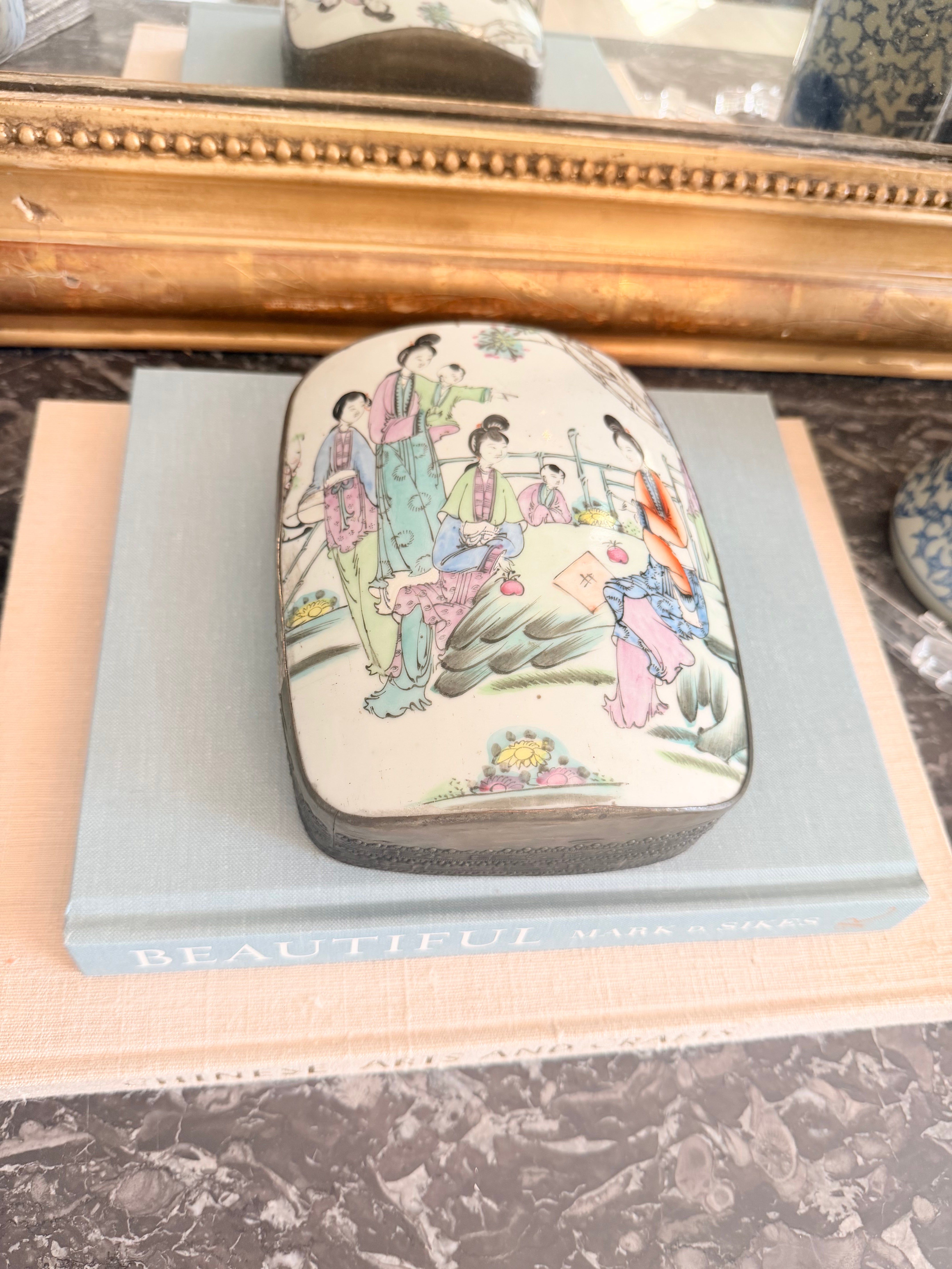 Vintage XL Porcelain Shard Box with Women and Children, 7”