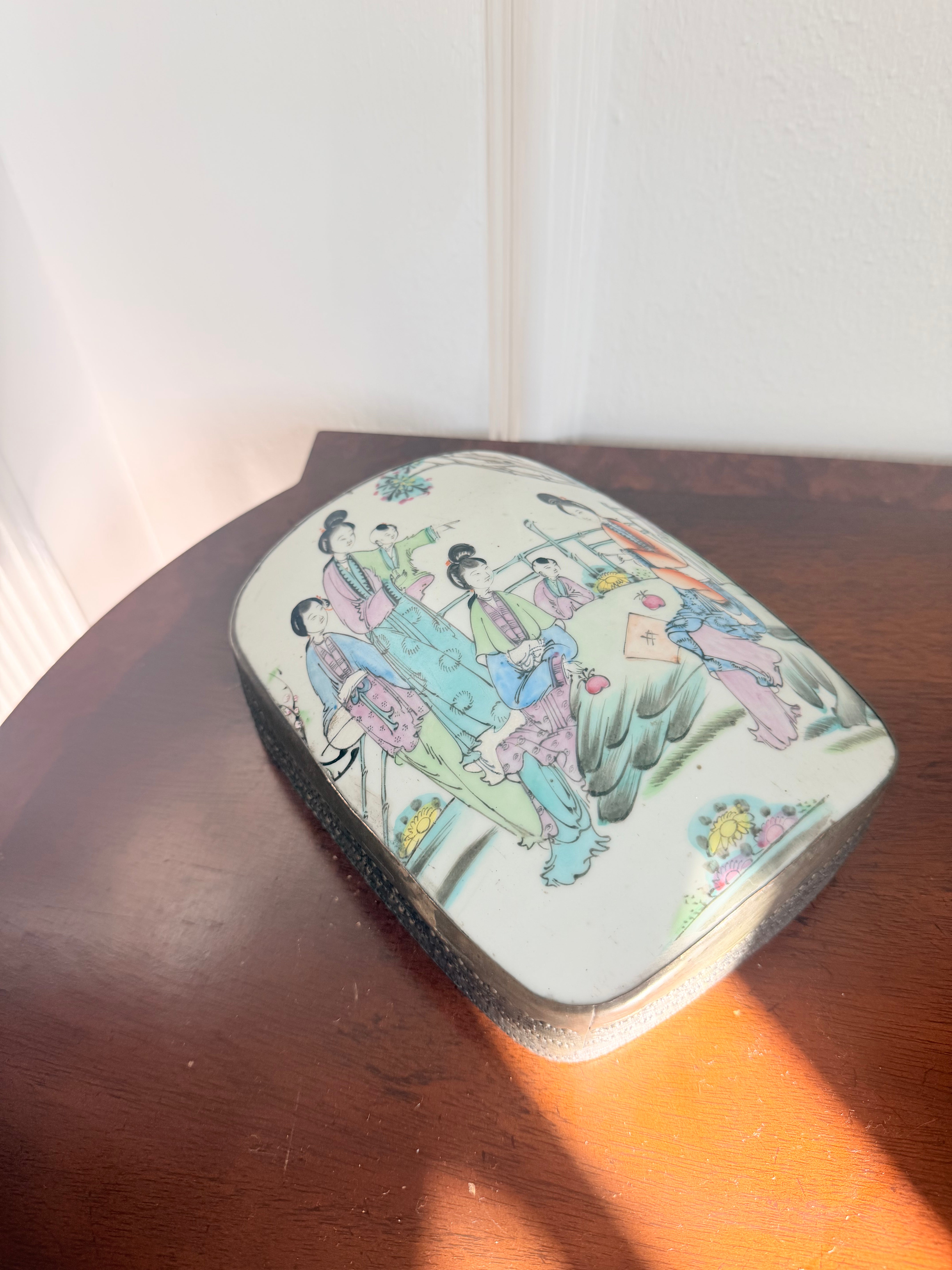 Vintage XL Porcelain Shard Box with Women and Children, 7”