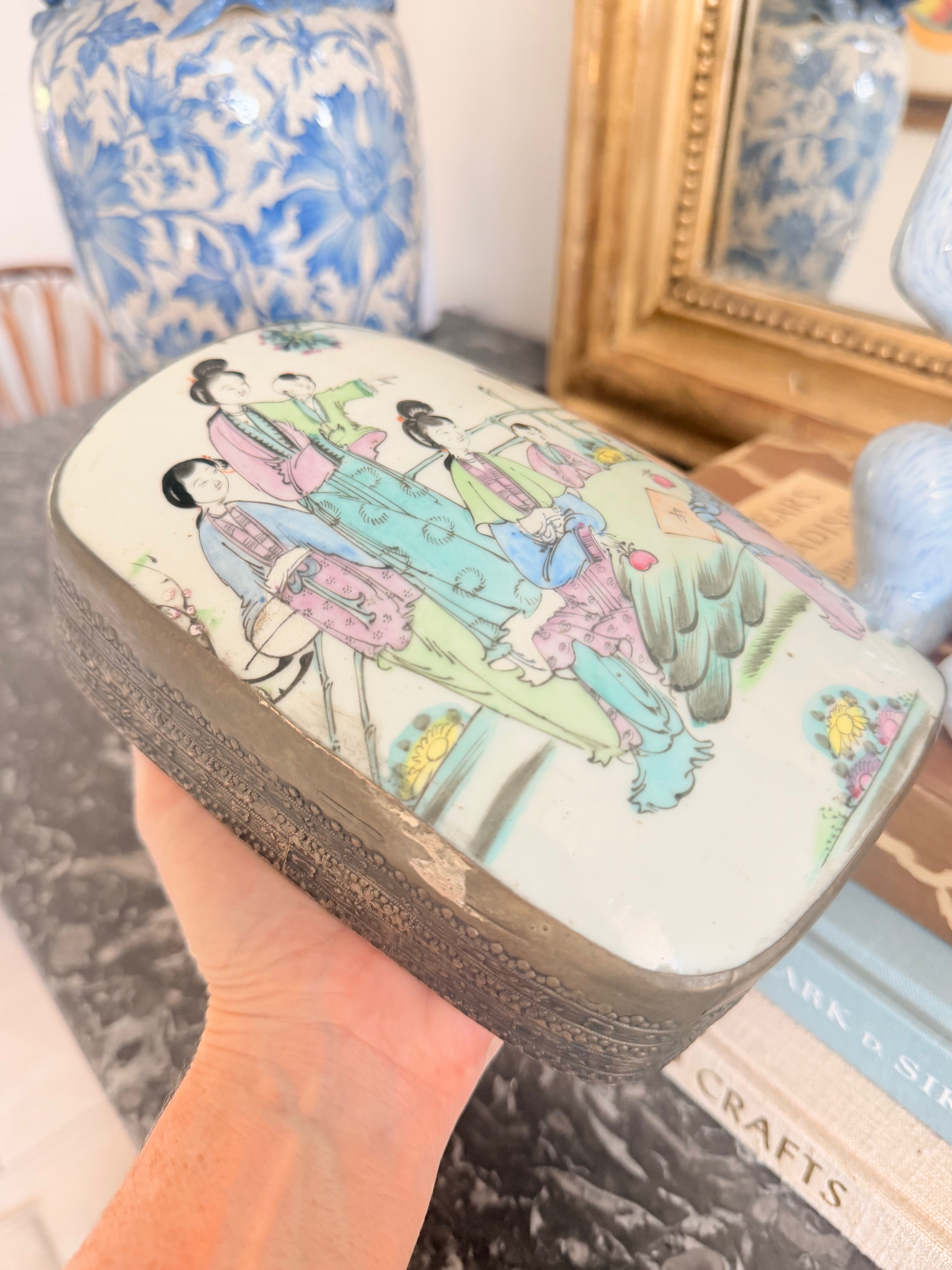 Vintage XL Porcelain Shard Box with Women and Children, 7”