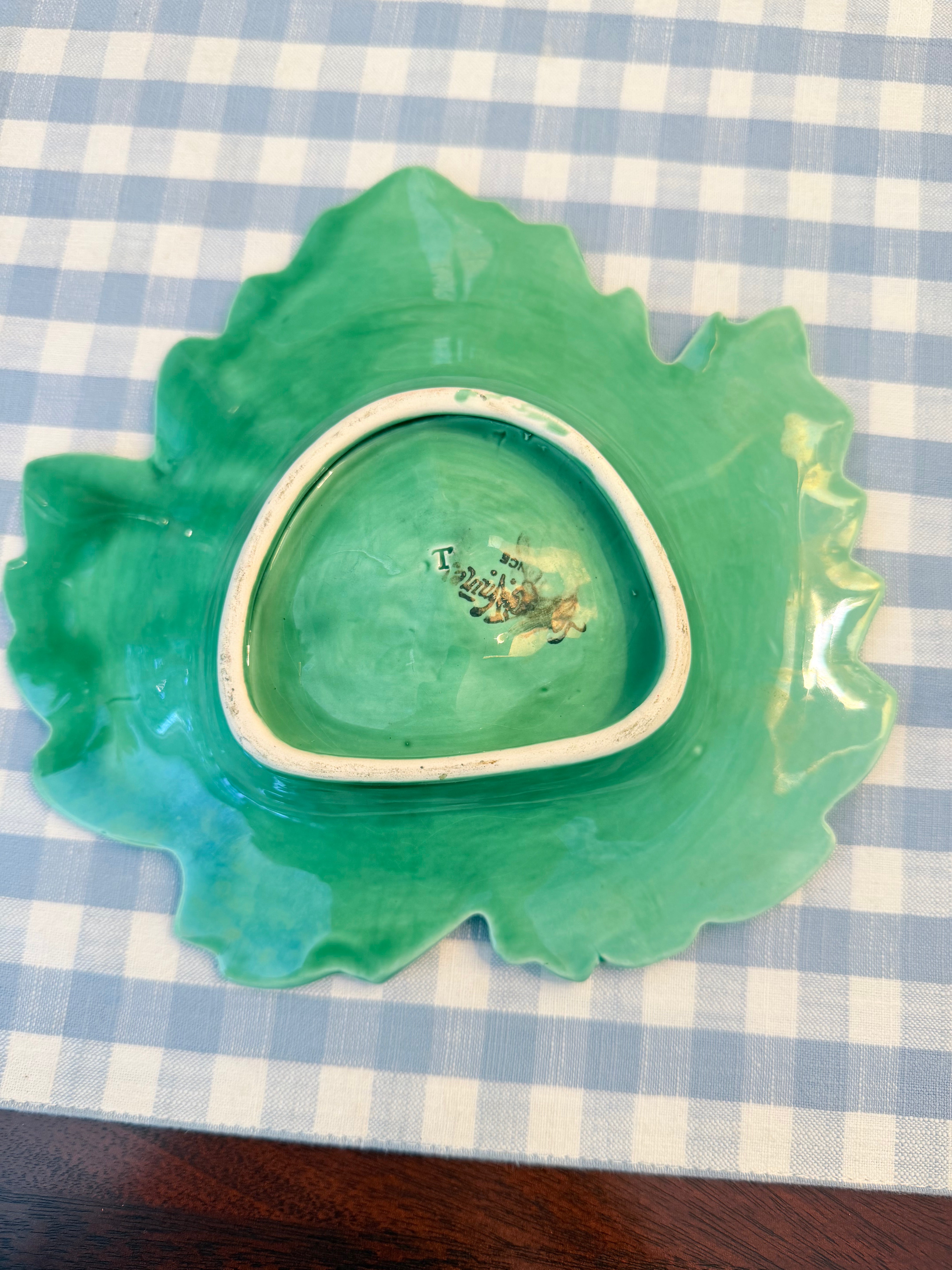 Vintage French Sarraguemines Majolica Green Oak Leaf Dish, 8”