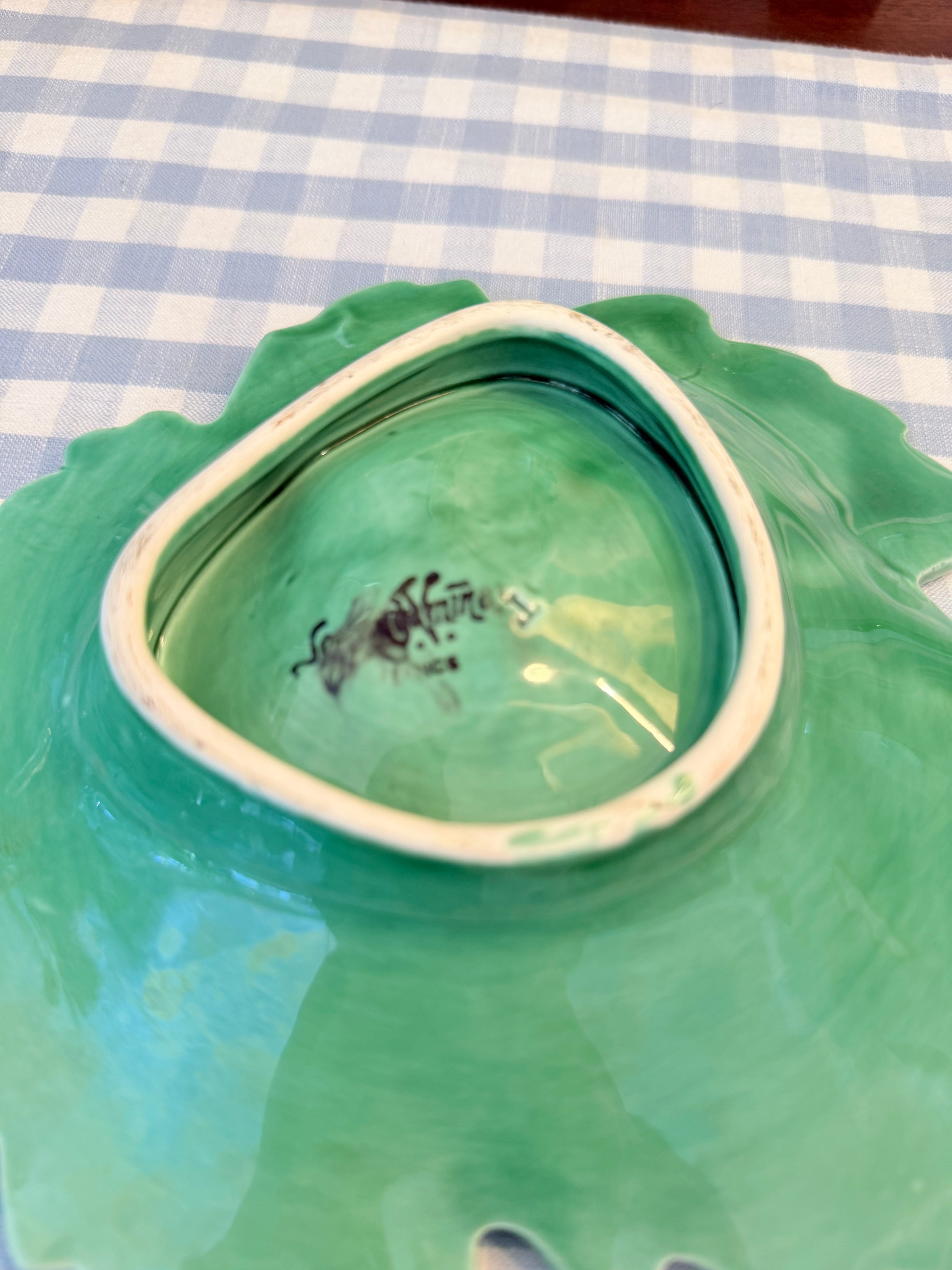 Vintage French Sarraguemines Majolica Green Oak Leaf Dish, 8”