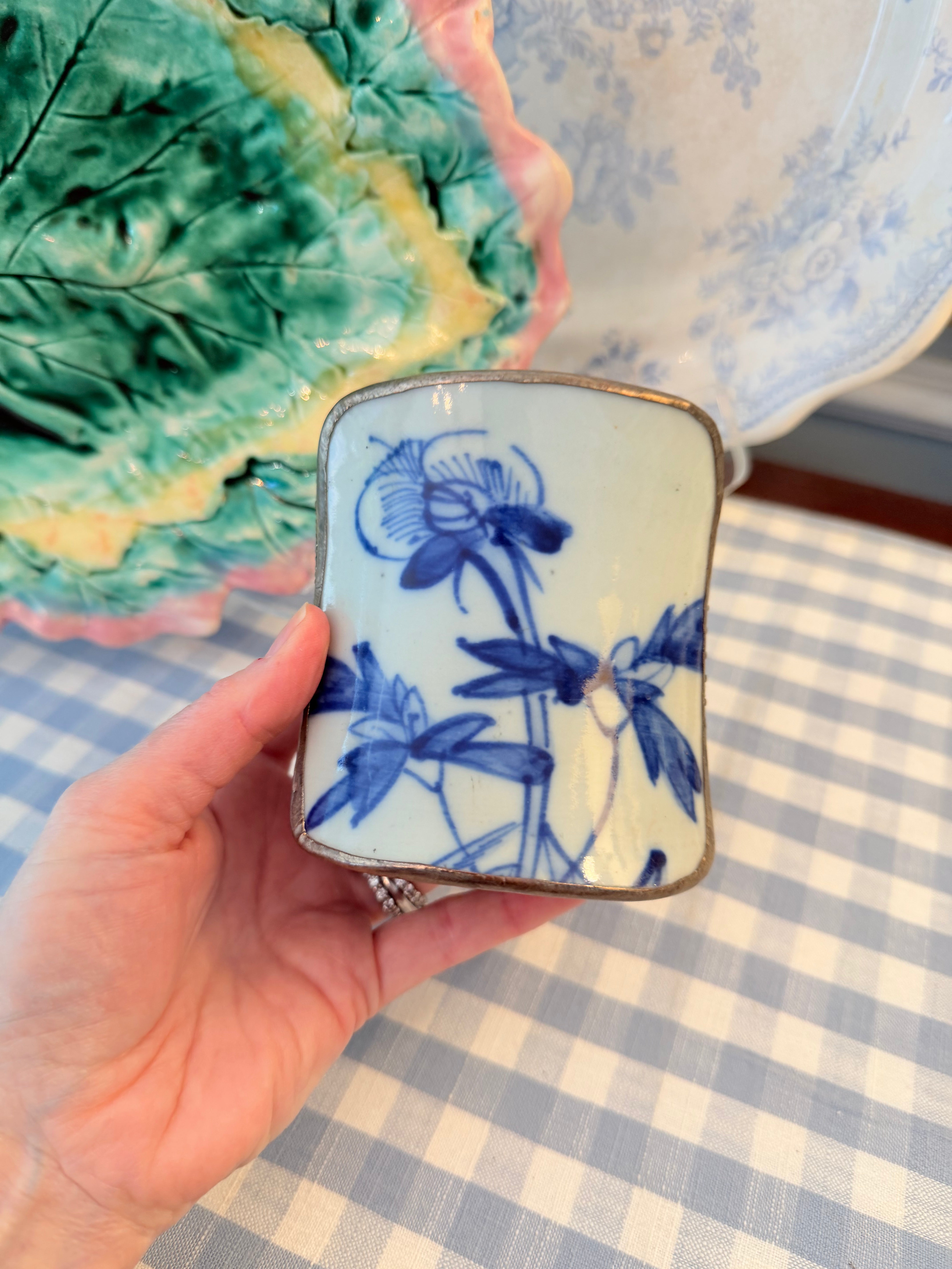 Vintage Blue and White Porcelain Shard Box with Floral Motif, 4”