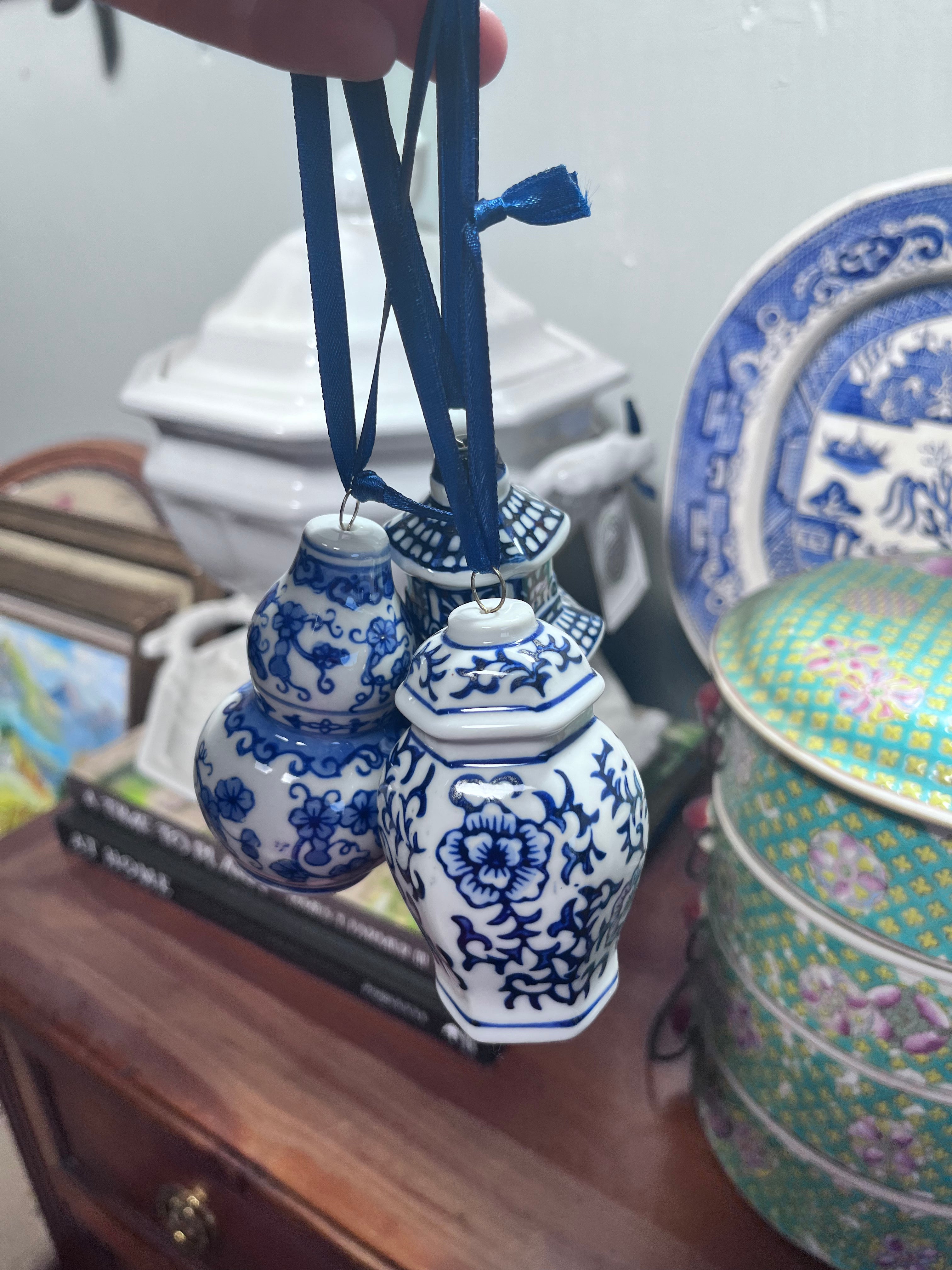 Set of Three Blue and White Chinoiserie Ornaments (C)