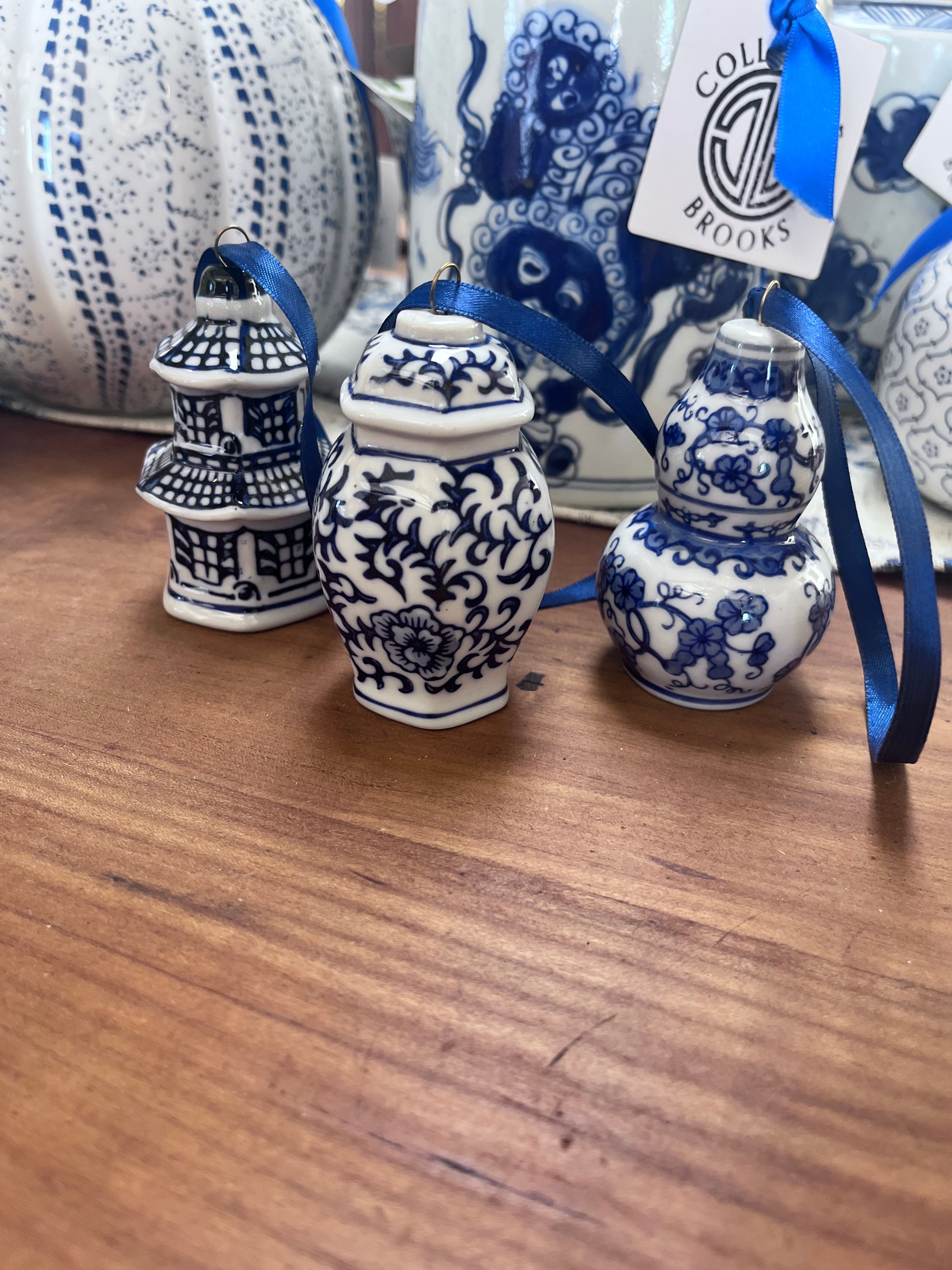 Set of Three Blue and White Chinoiserie Ornaments (C)