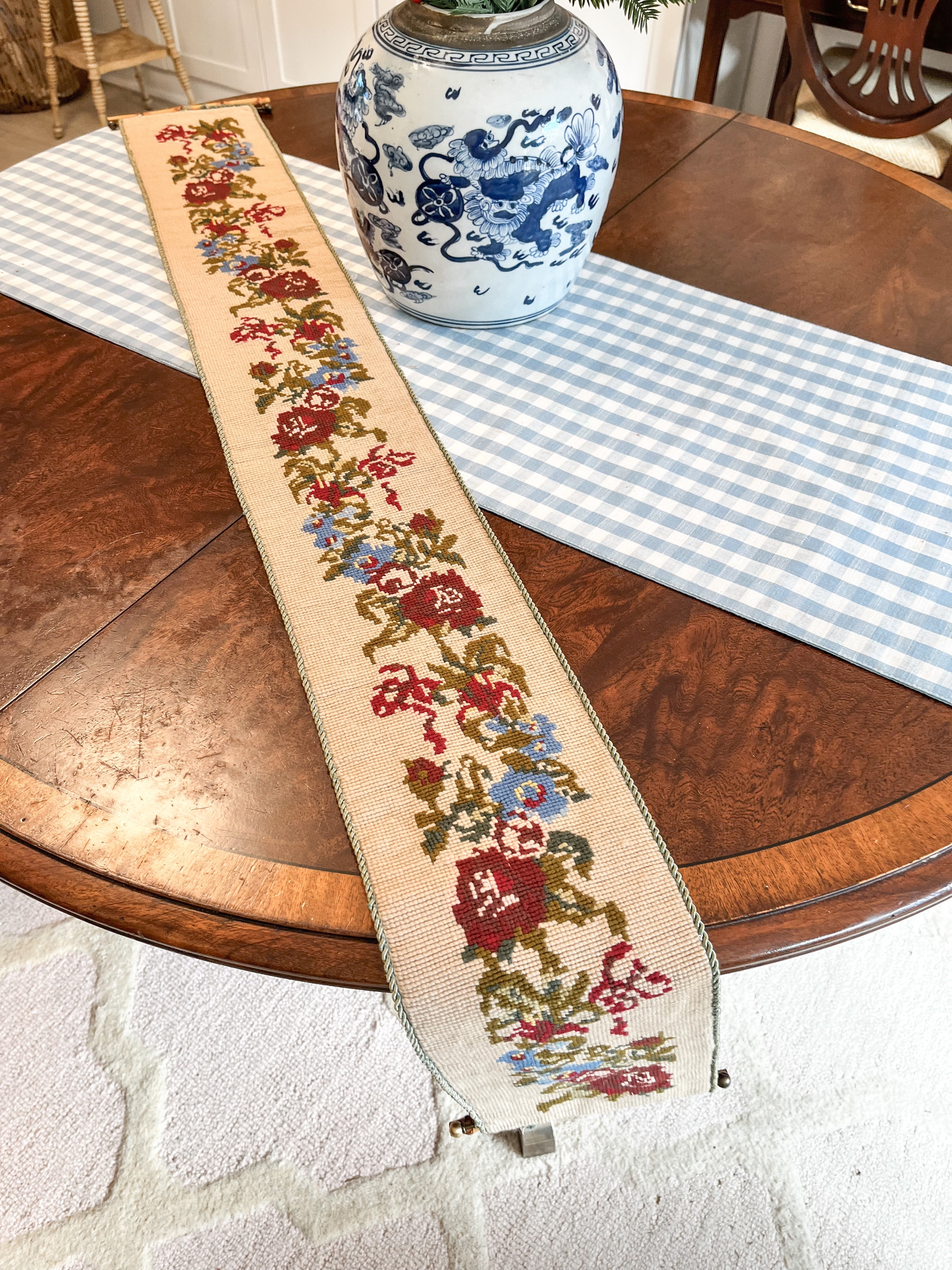Vintage Needlepoint Bellpull with Bamboo Hardware, 48"