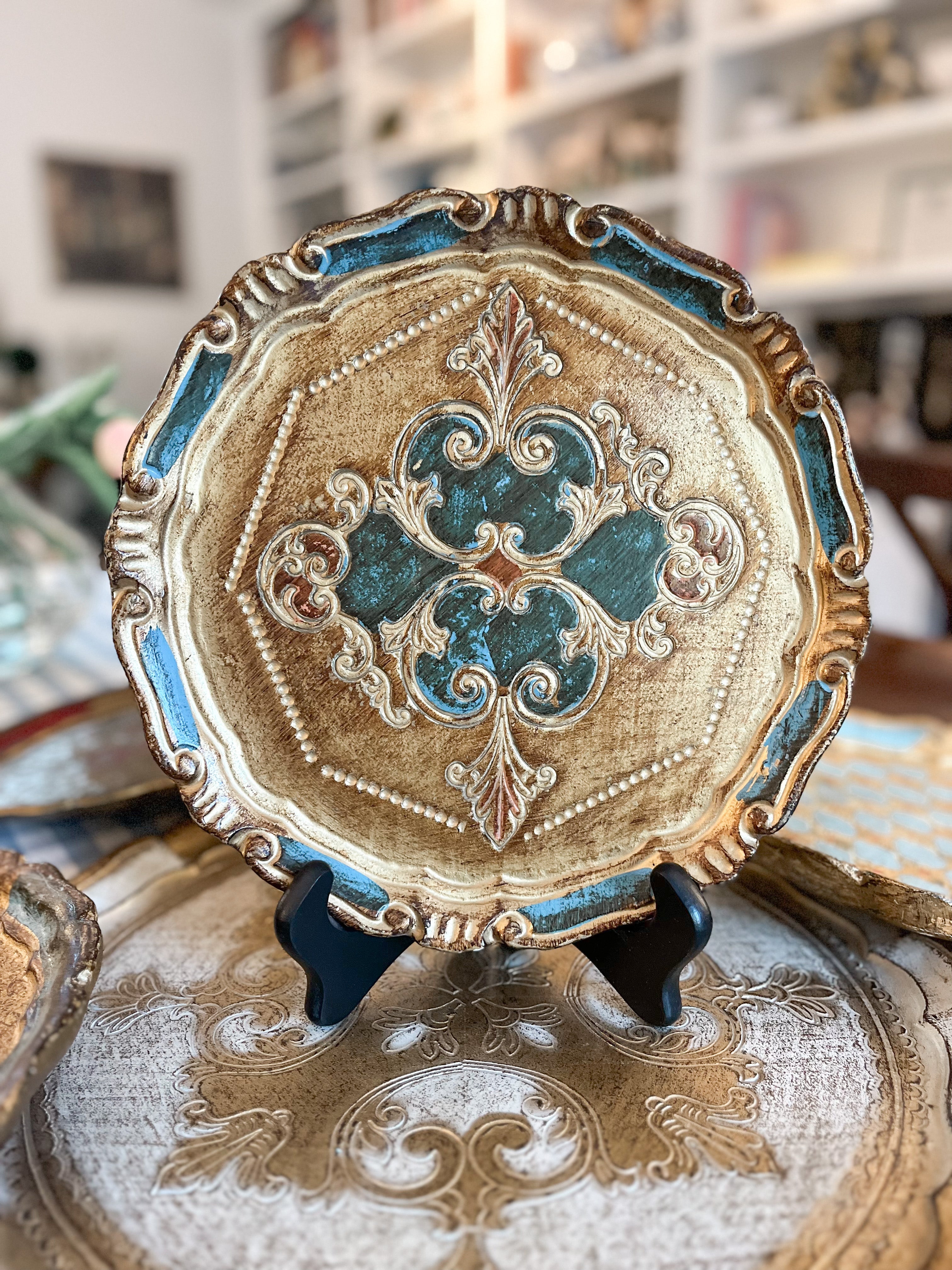 Vintage Florentine Blue and Gold Tray, 9.5"