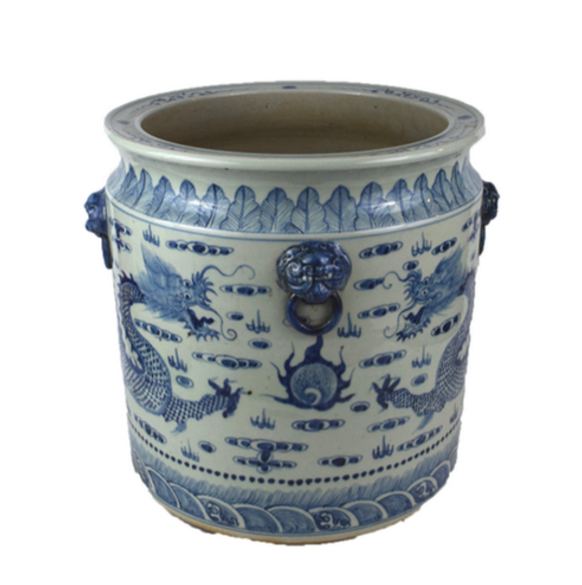 Antique-Style Blue and White Extra Large Planter with Dragon Pattern