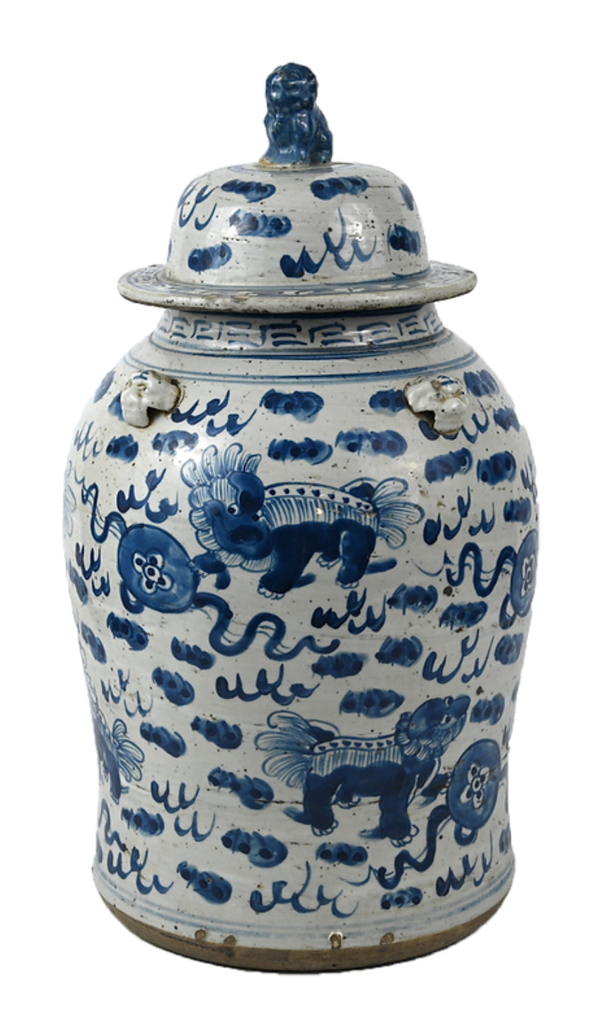 Antique-Style Blue & White Foo Dog Temple Jar, 19”
