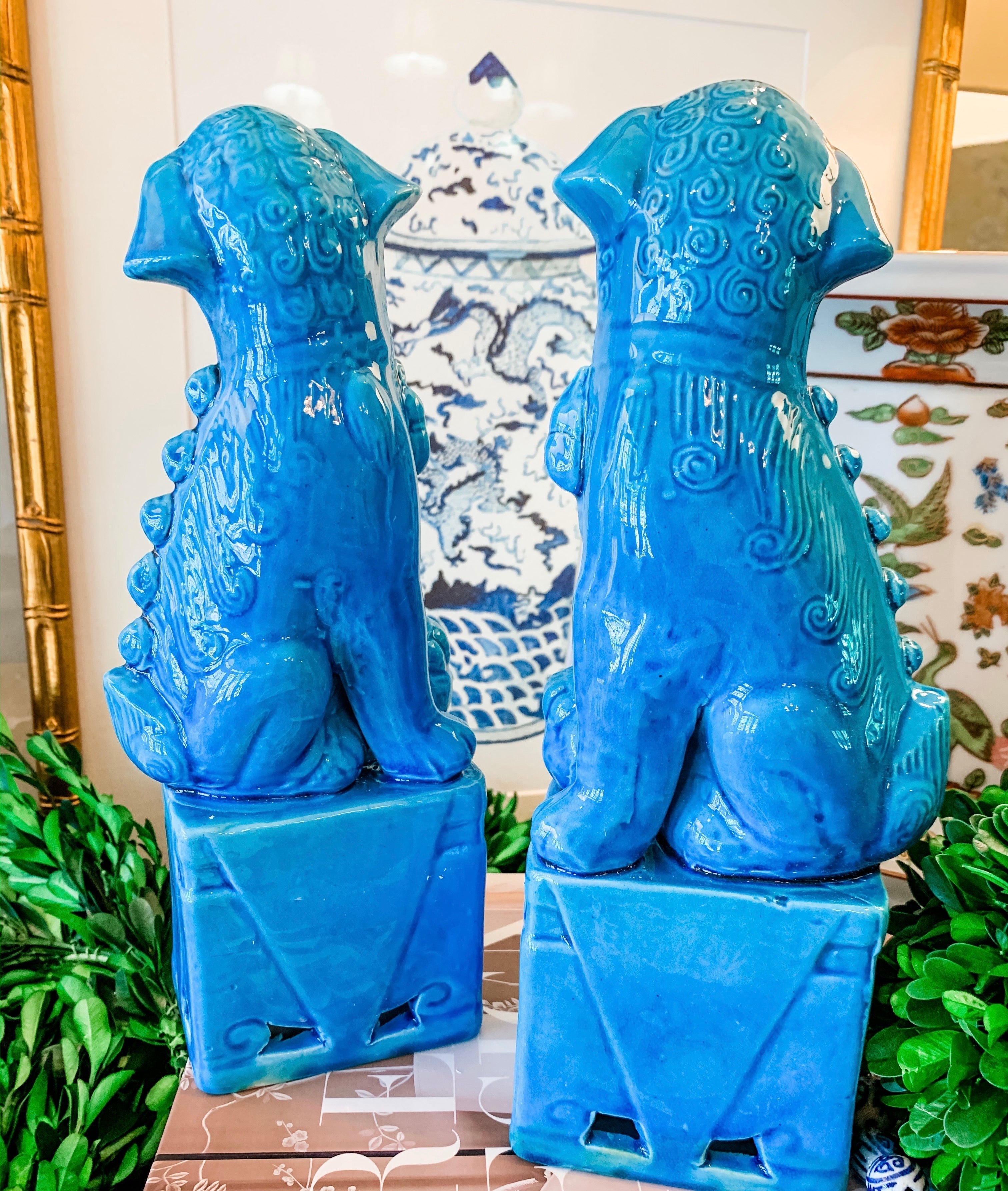 Pair of Beautiful Turquoise Foo Dog Figurines, 10” - Collectible Brooks