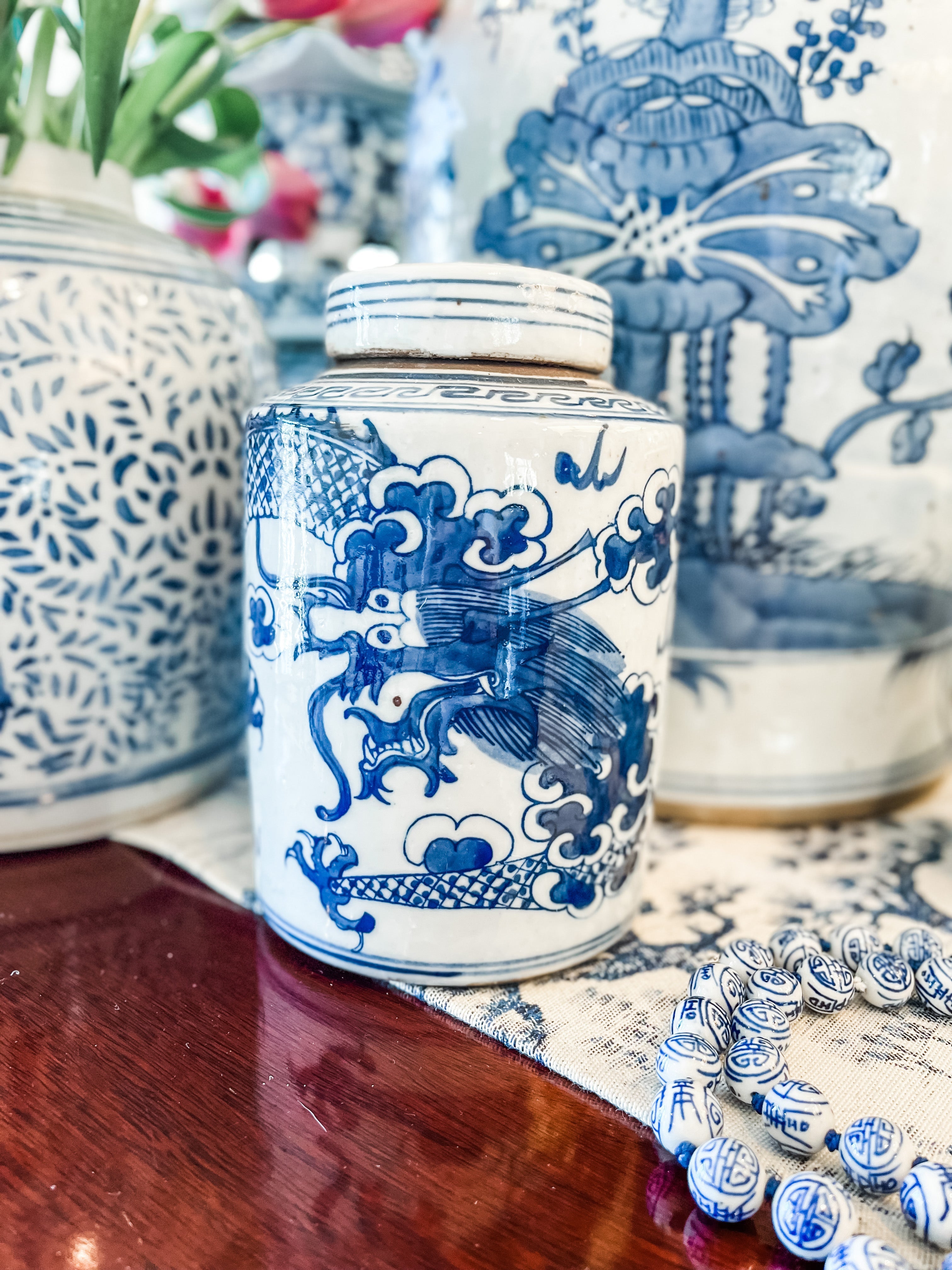 Antique-Style Blue & White Dragon Tea Jar, 7.5” - Collectible Brooks