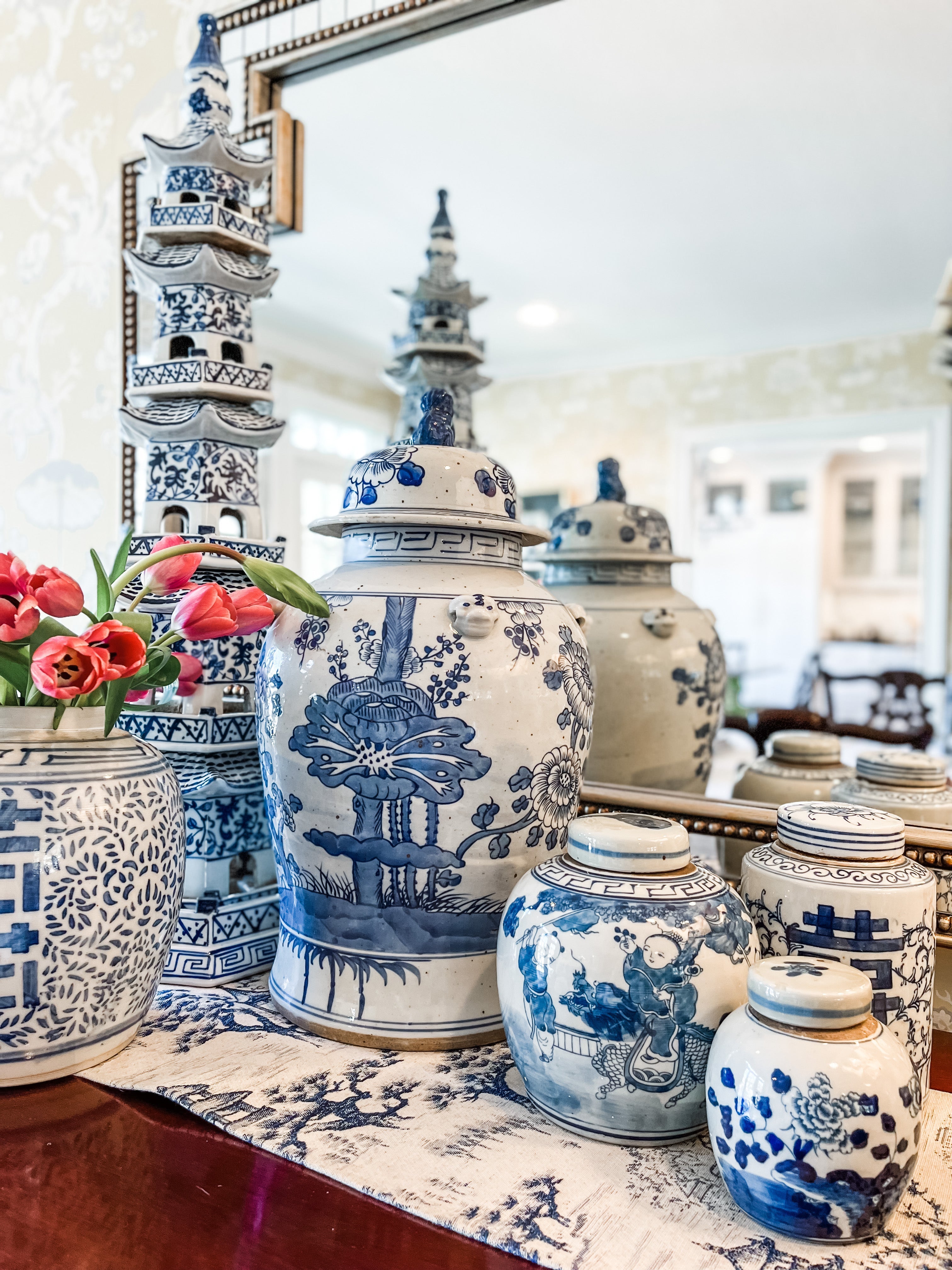 Antique-Style Blue & White Lotus Temple Jar, 19”