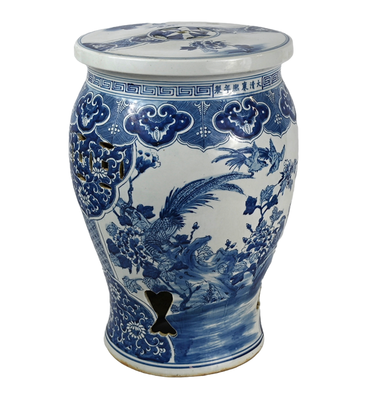 Antique-Style Blue and White Garden Stool with Bird and Flower Detail
