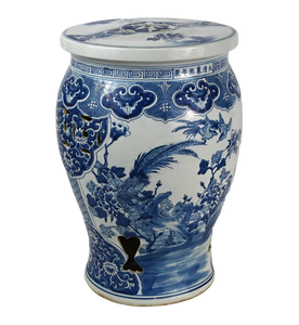 Antique-Style Blue and White Garden Stool with Bird and Flower Detail