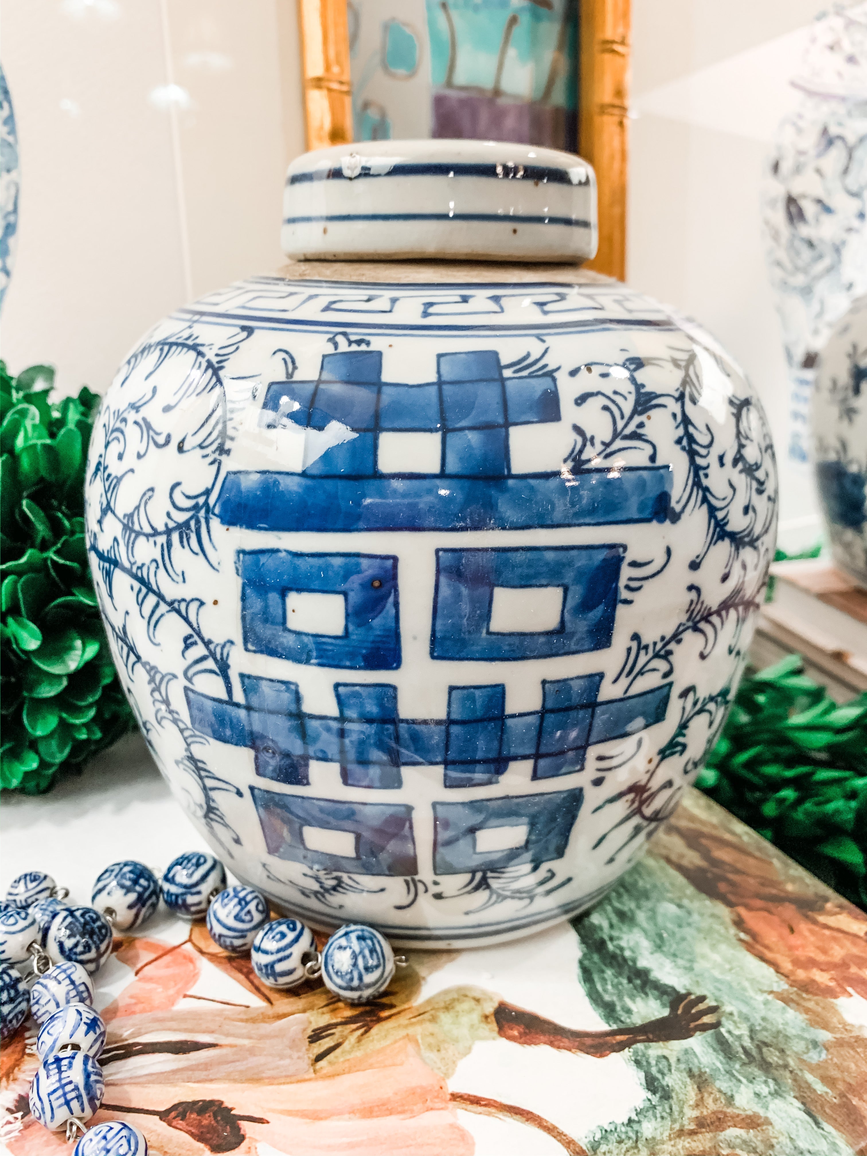 Shop Collectible Brooks for a wide selection of classic blue and white ginger jars, perfect for adding a touch of chinoiserie to your home decor!  This is a beautiful hand painted ginger jar featuring a double happiness design.  It is made in the antique style and stands 6.5" tall.