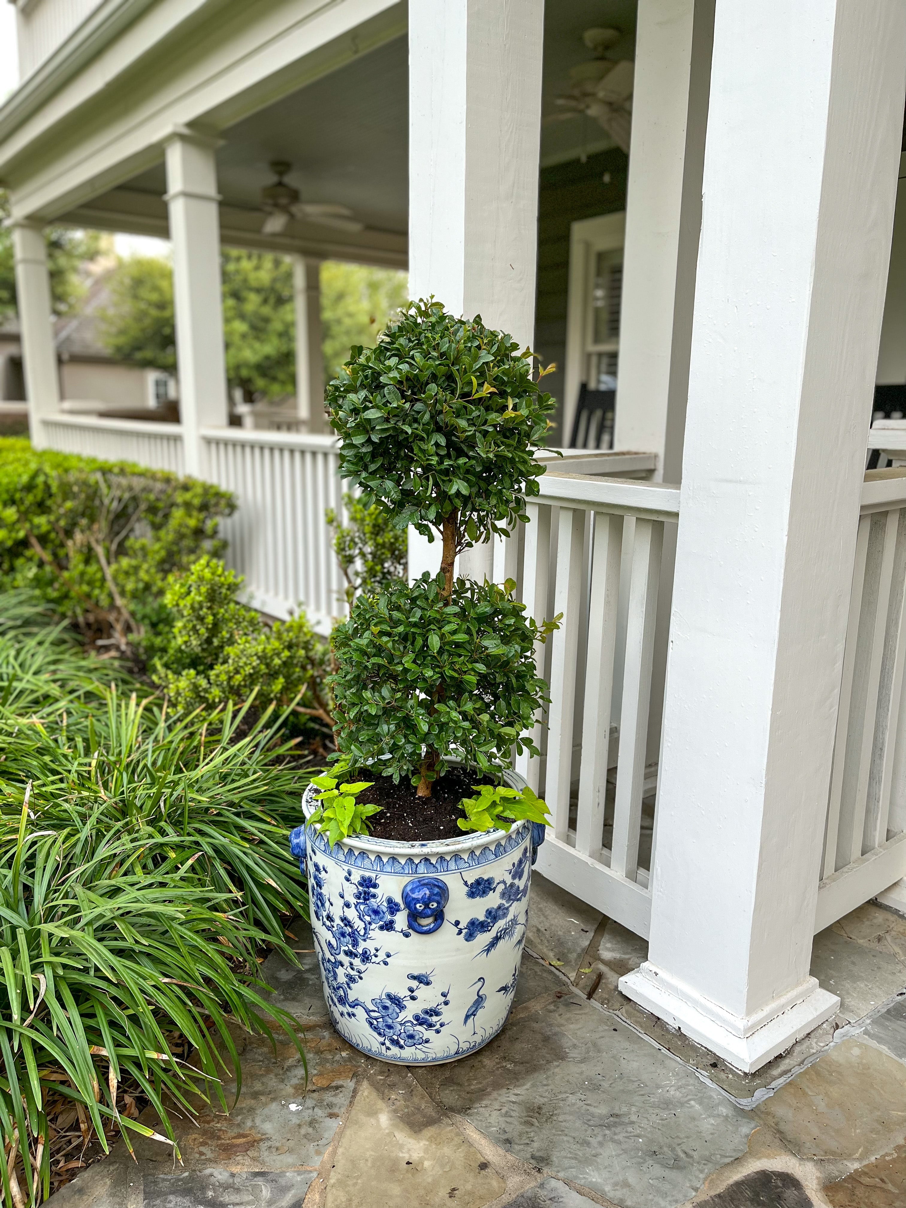 large blue and white plant pot Antique-Style Blue and White Extra Large Planter with Tree Pattern – Collectible Brooks