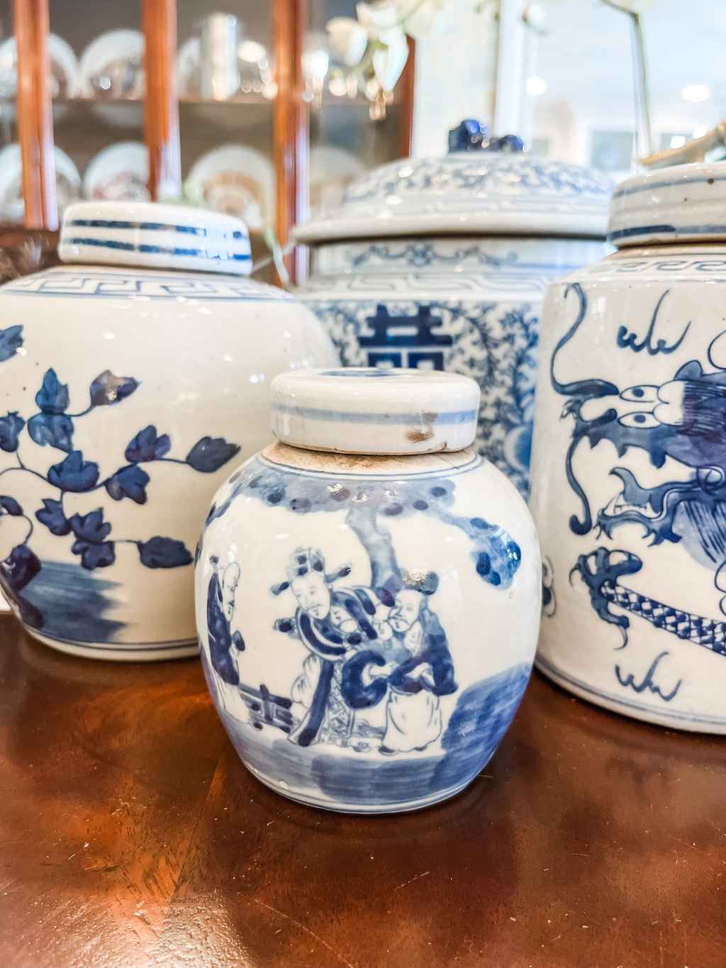 Antique-Style Mini Blue & White Deities Ginger Jar, 4.5” - Collectible Brooks