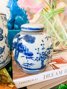 Shop Collectible Brooks for a wide selection of classic blue and white ginger jars, perfect for adding a touch of chinoiserie to your home decor!  This beautiful hand painted ginger jar made in antique style features a tree design and a stands 4.5" tall. 
