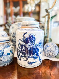 Antique-Style Blue & White Foo Dog Tea Jar, 7.5” - Collectible Brooks