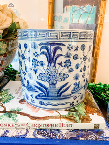 Shop Collectible Brooks for a wide variety of blue and white chinoiserie porcelain.  This is the perfect sized blue and white porcelain cache pot or planter for an orchid, your kitchen utensils, and even a wine chiller! Measures 7.5”x7.5”, hand painted in new antique-style condition.