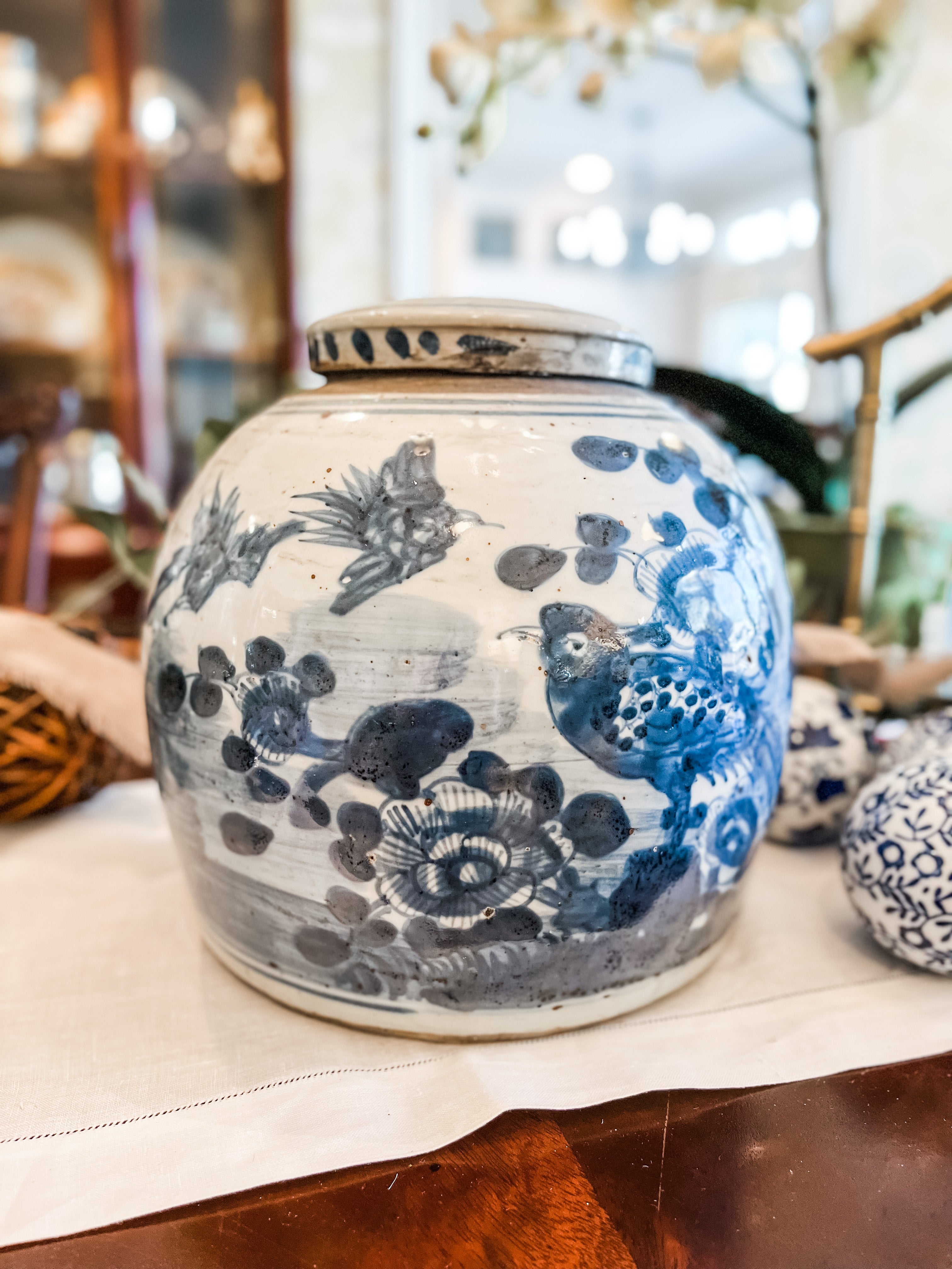 Antique-Style Blue & White Foot Stomp Bird Ginger Jar, 10” - Collectible Brooks