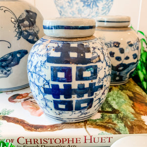 Shop Collectible Brooks for a wide selection of classic blue and white ginger jars, perfect for adding a touch of chinoiserie to your home decor!  This beautiful hand painted ginger jar made in antique style features a double happiness design and a stands 4.5" tall. 