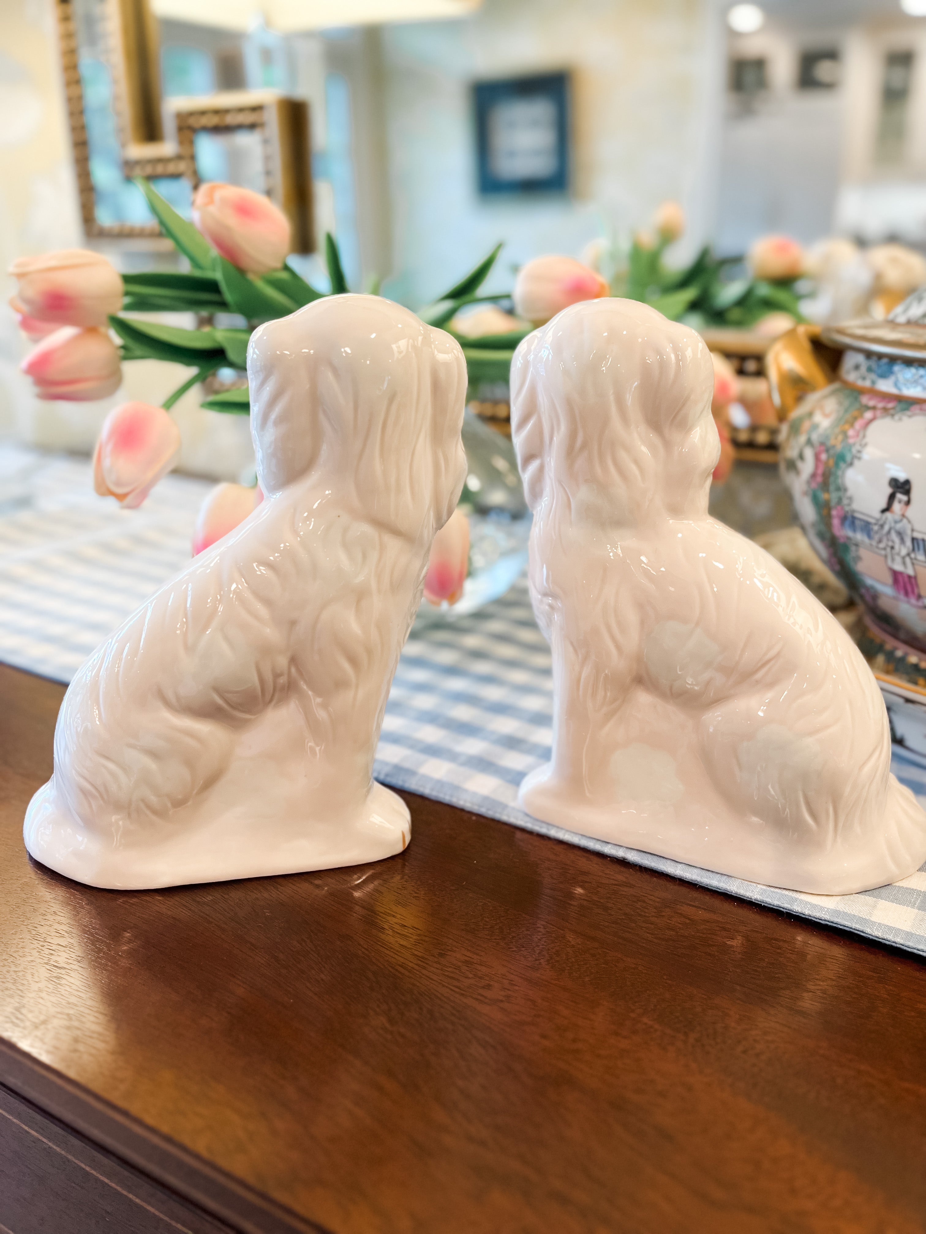 Pair of Medium Light Pink and White Staffordshire-Style Spaniels, 8”