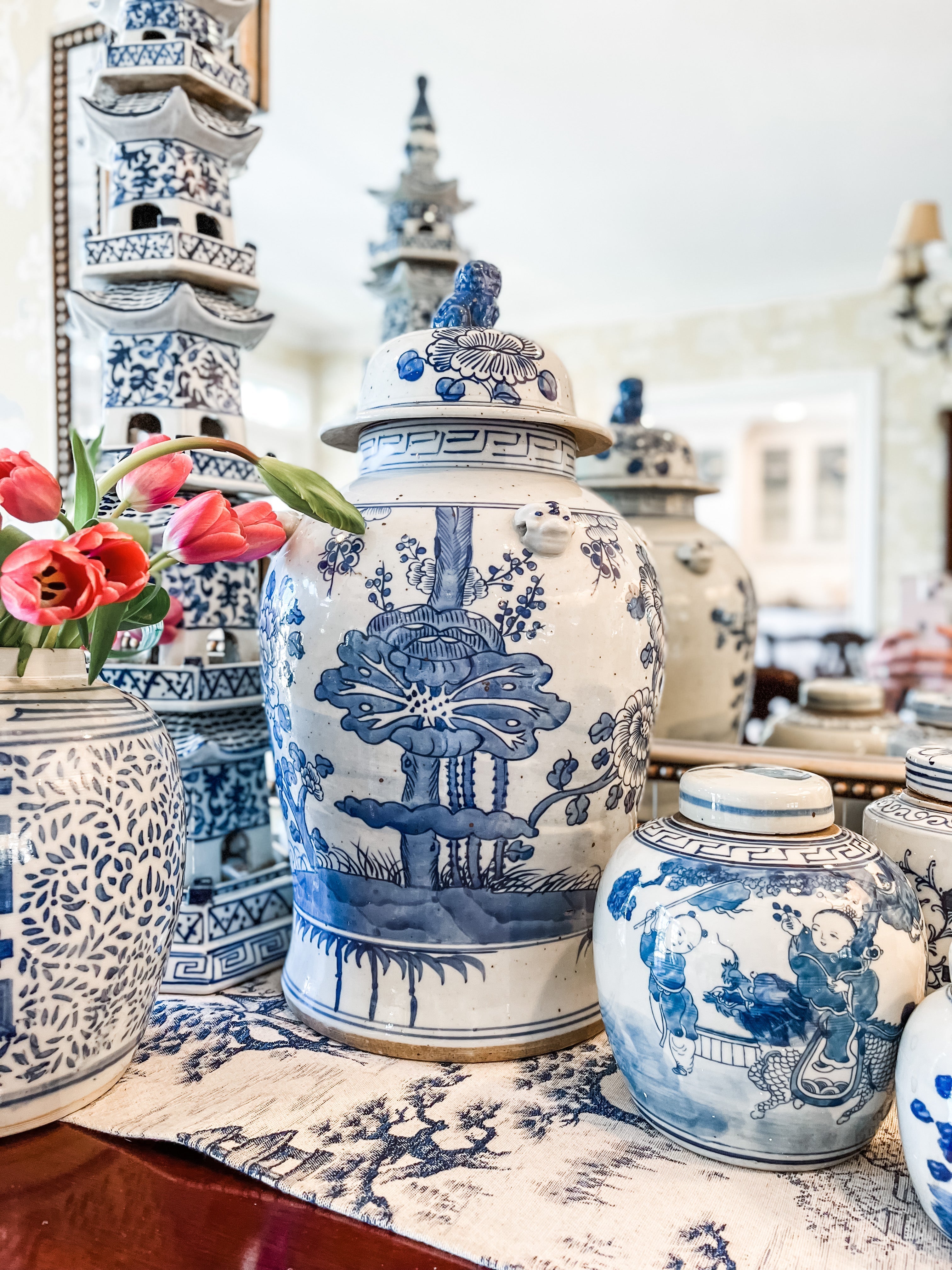Antique-Style Blue & White Lotus Temple Jar, 19”