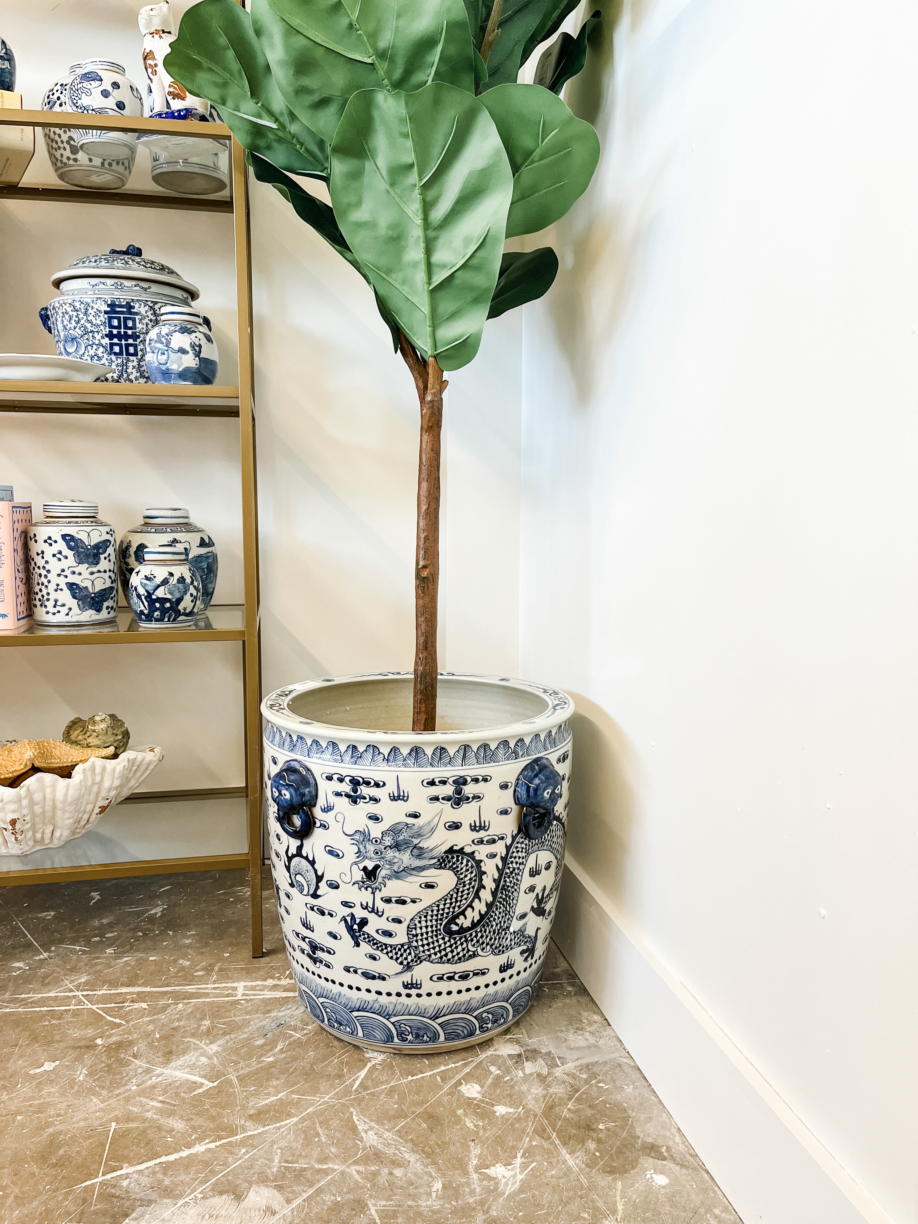 blue and white plant pot Antique-Style Blue and White Extra Large Planter with Dragon Pattern