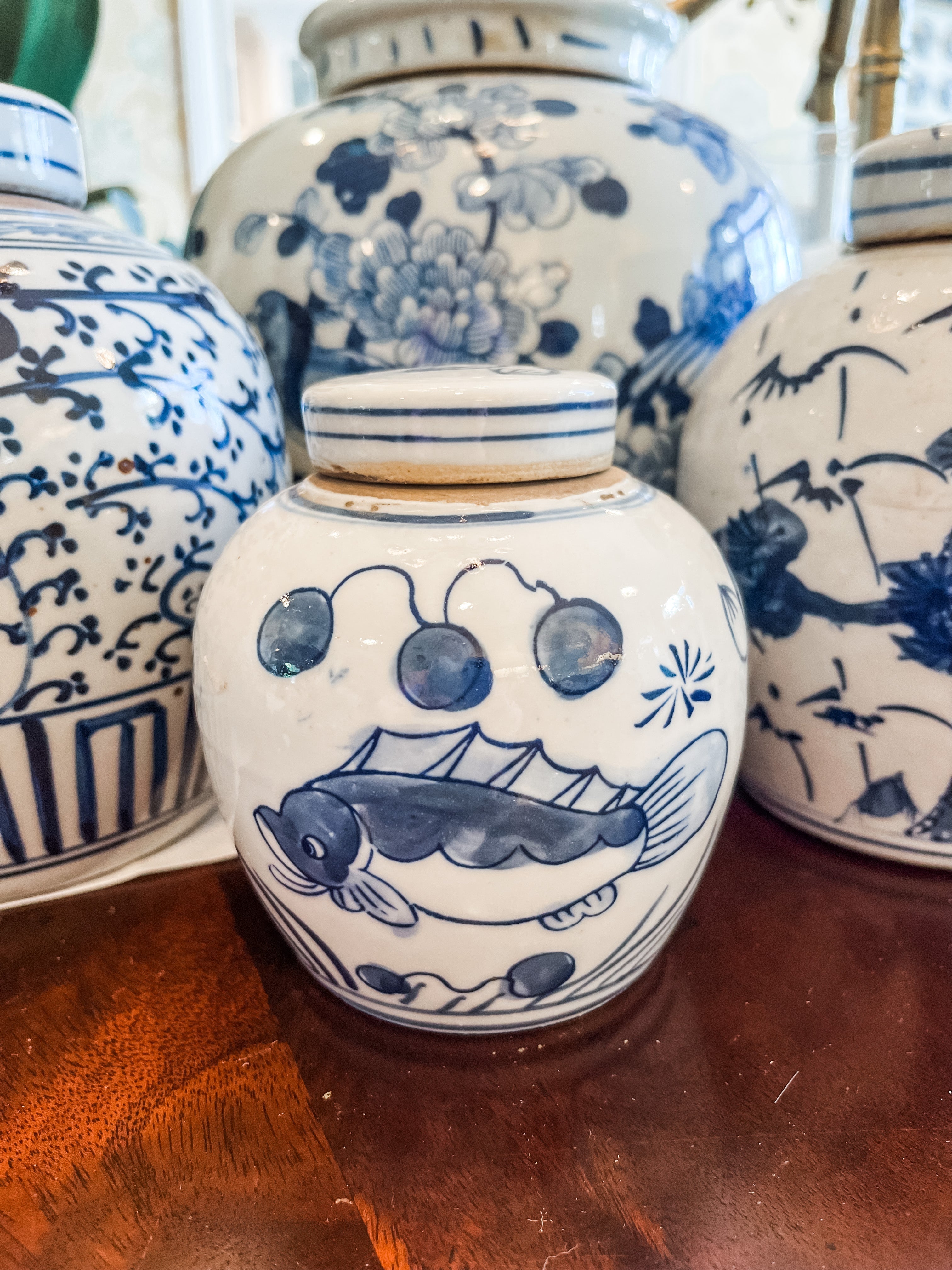 Blue and White Mini Fish Ginger Jar, 4.5”