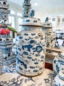 Antique-Style Blue & White Foo Dog Temple Jar, 19”