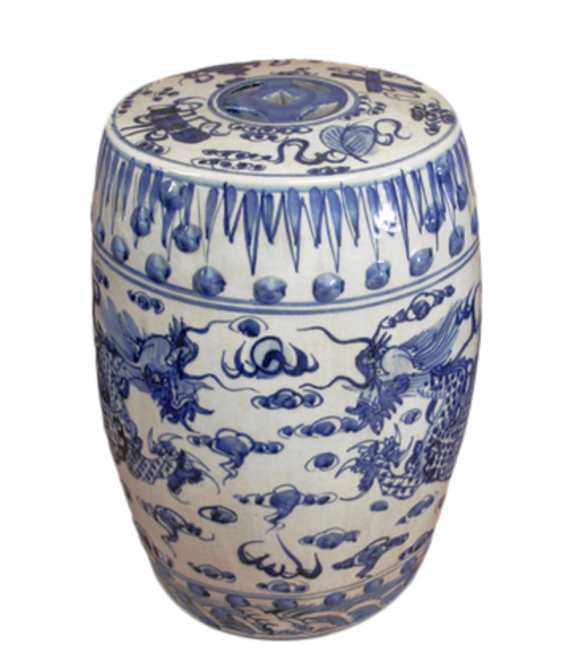 Antique-Style Blue and White Garden Stool with Dragons, 18”