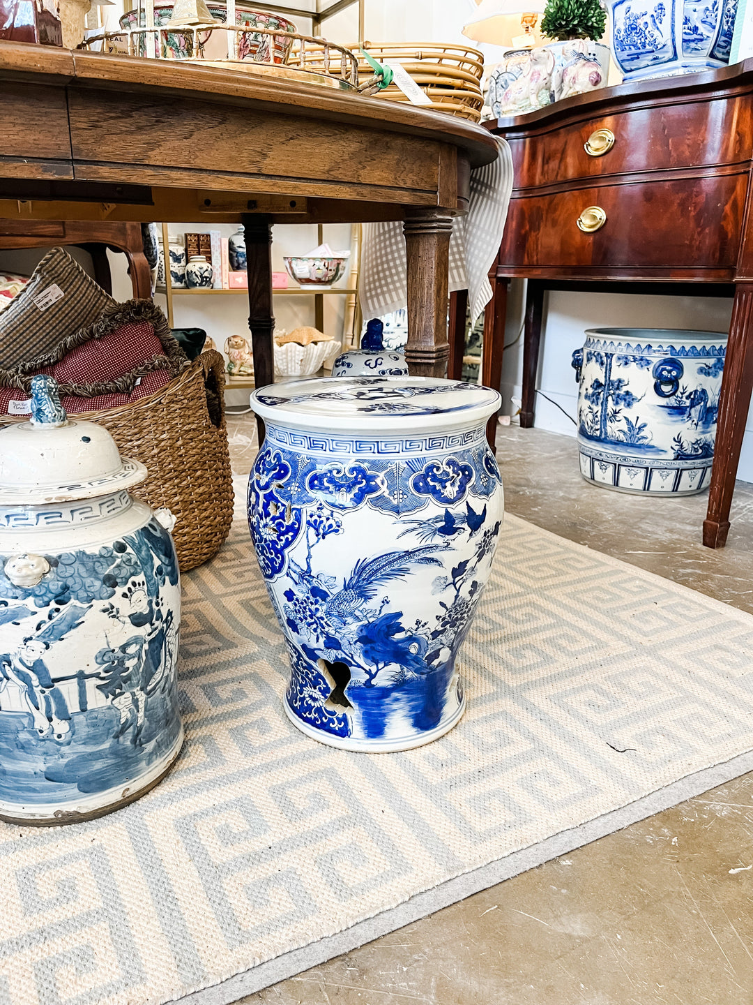 Antique-Style Blue and White Garden Stool with Bird and Flower Detail ...