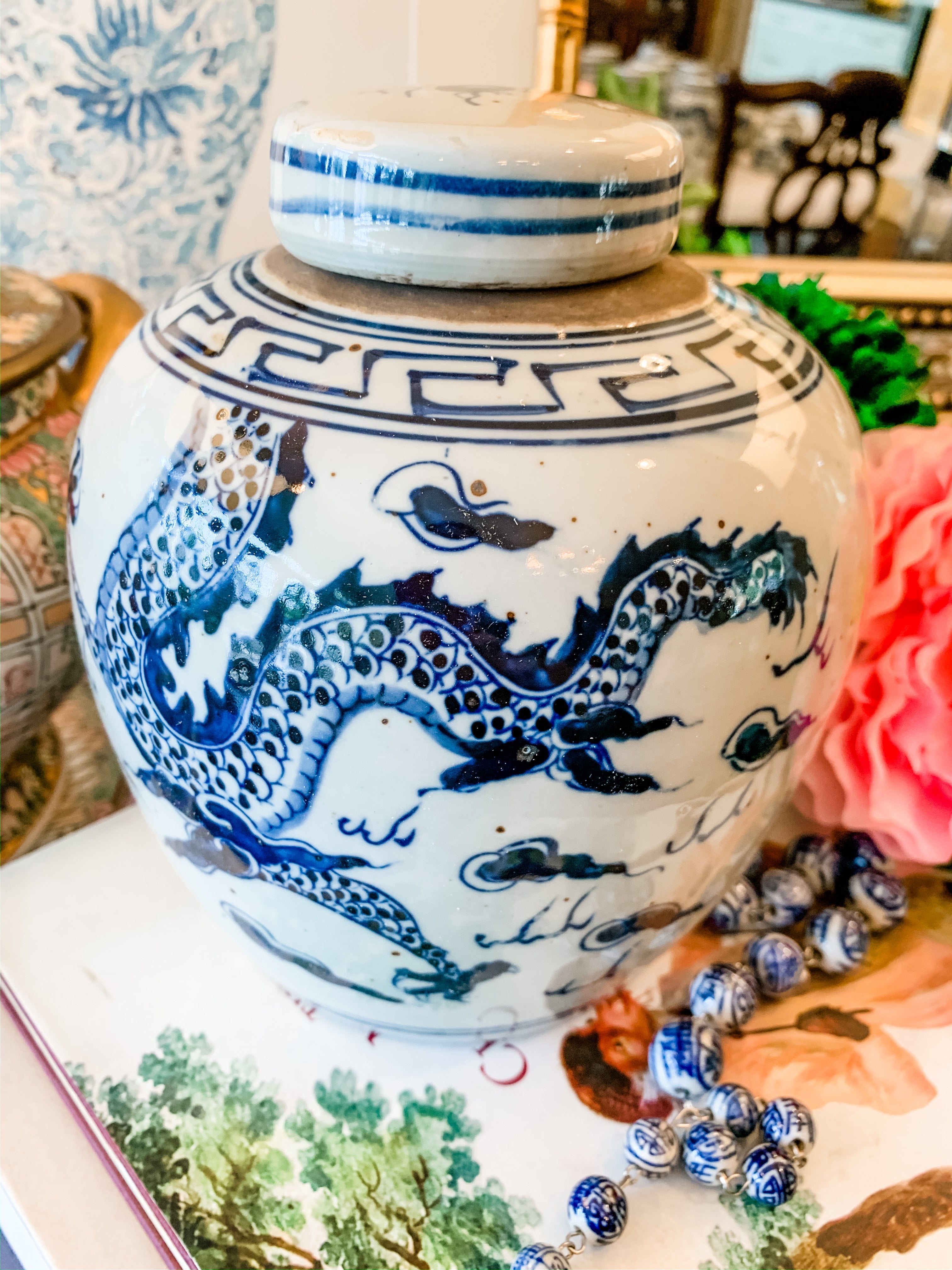 Antique-Style Blue & White Dragon Ginger Jar, 7” - Collectible Brooks