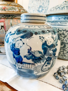 Shop Collectible Brooks for a wide selection of classic blue and white ginger jars, perfect for adding a touch of chinoiserie to your home decor!  This beautiful hand painted ginger jar featuring children playing is made in the antique style and measures 6.5" tall. 