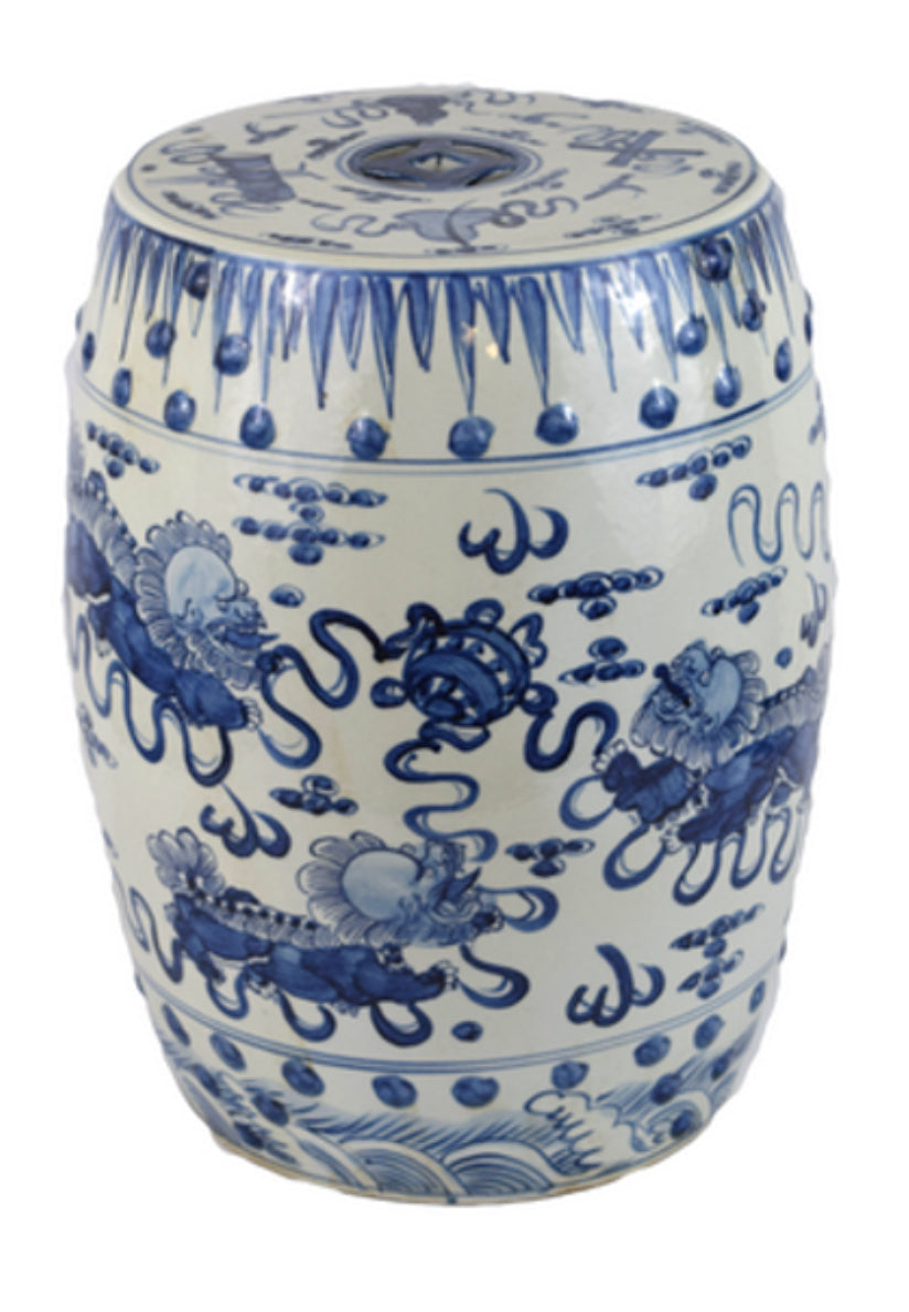 Antique-Style Blue and White Garden Stool with Foo Dogs, 18”