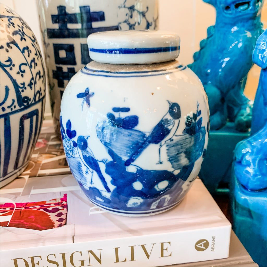 Shop Collectible Brooks for a wide selection of classic blue and white ginger jars, perfect for adding a touch of chinoiserie to your home decor!  This beautiful hand painted ginger jar made in antique style features a bird design and a stands 4.5" tall. 