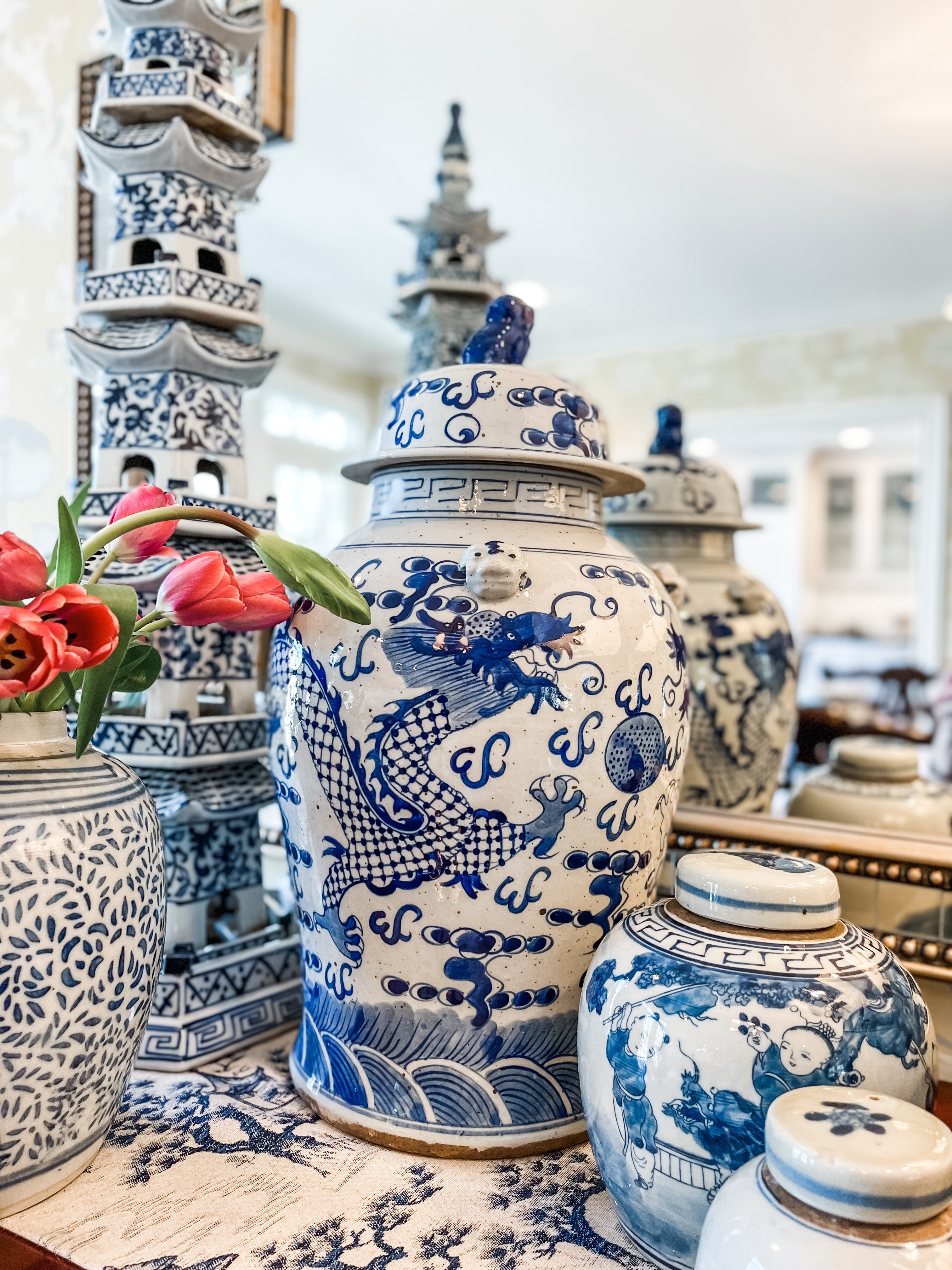 Antique-Style Blue & White Dragon Temple Jar, 20”