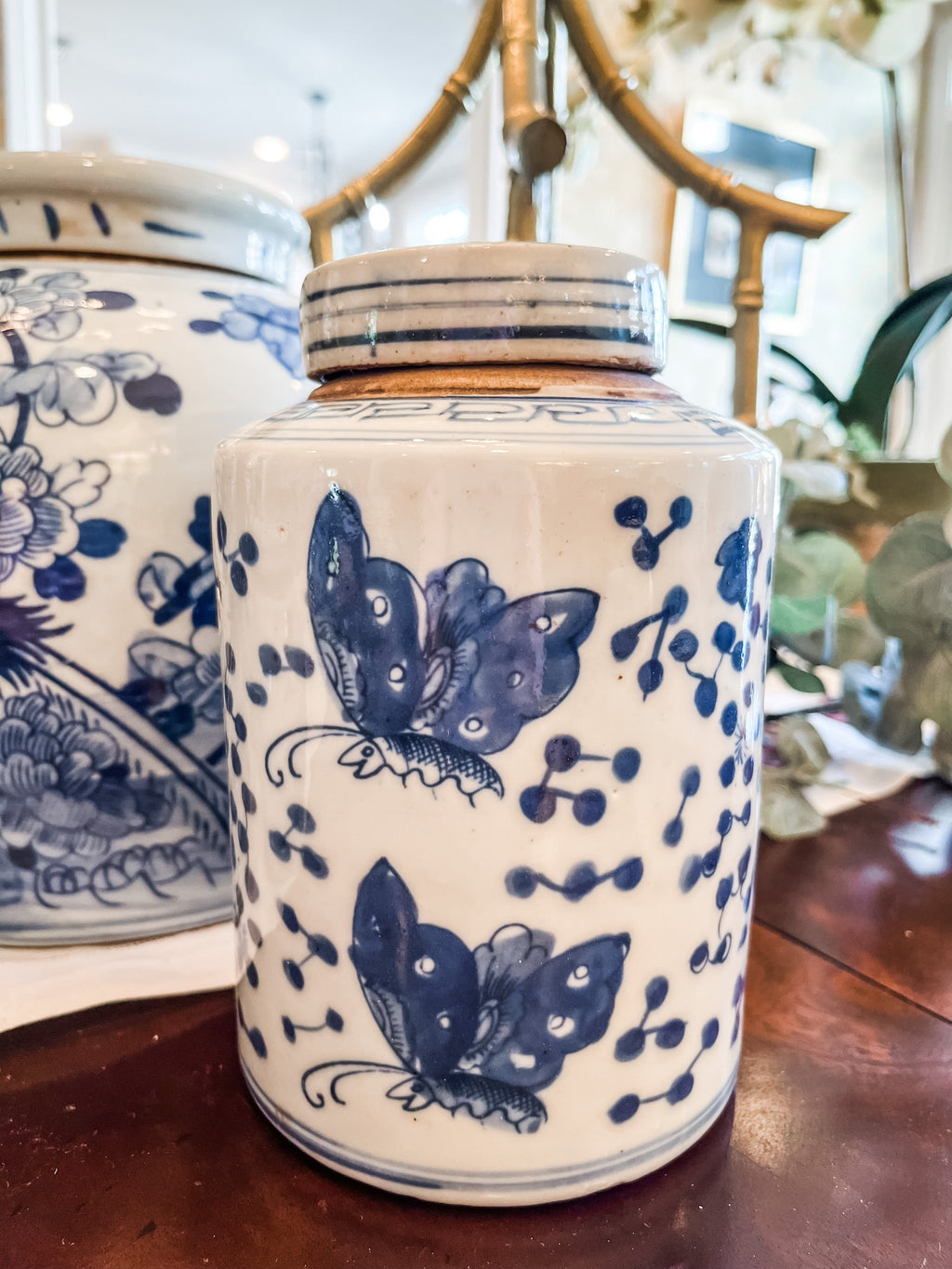 Antique-Style Blue & White Butterfly Tea Jar, 7.5” - Collectible Brooks