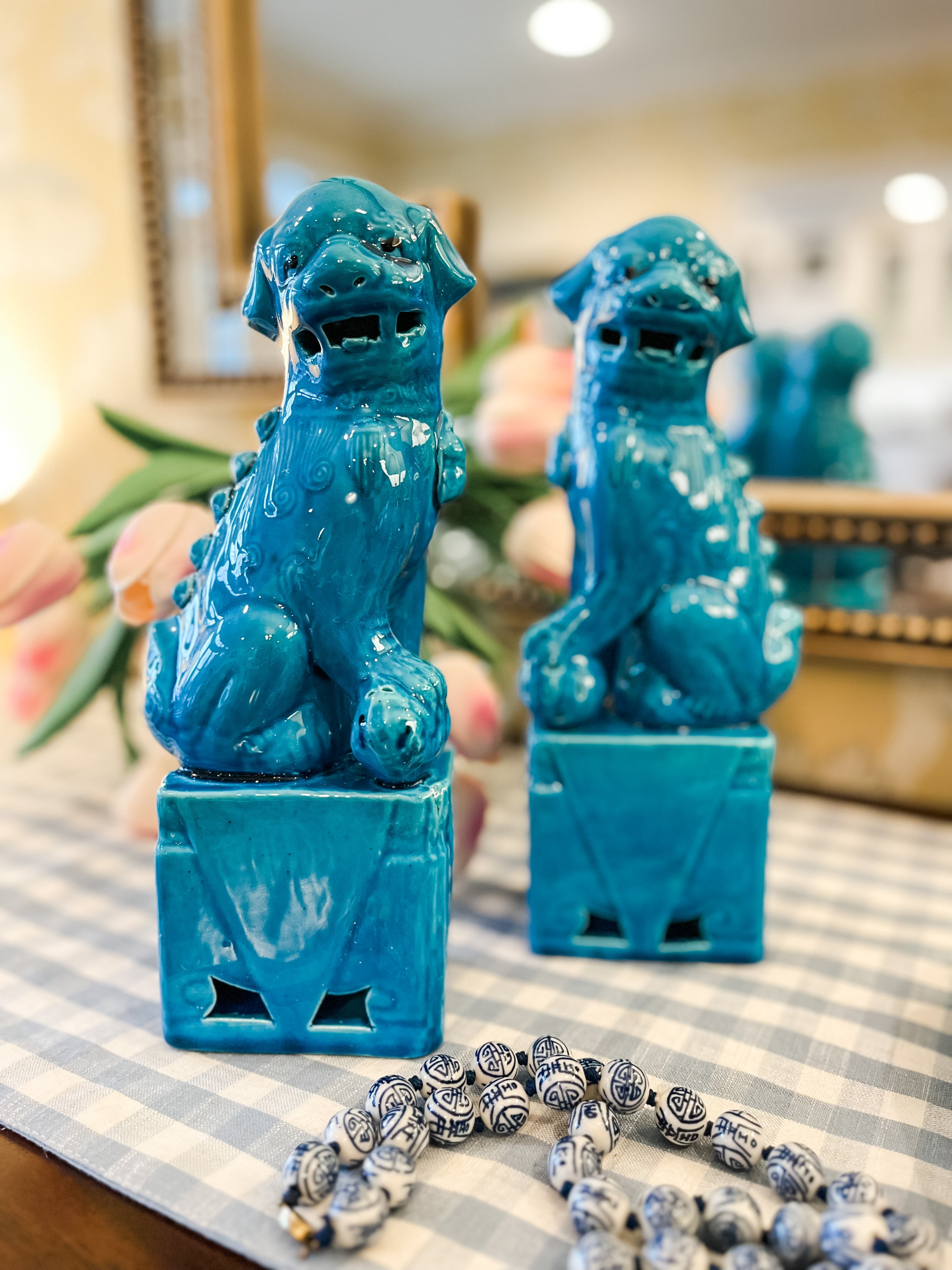 Pair of Beautiful Turquoise Foo Dog Figurines, 10.5”