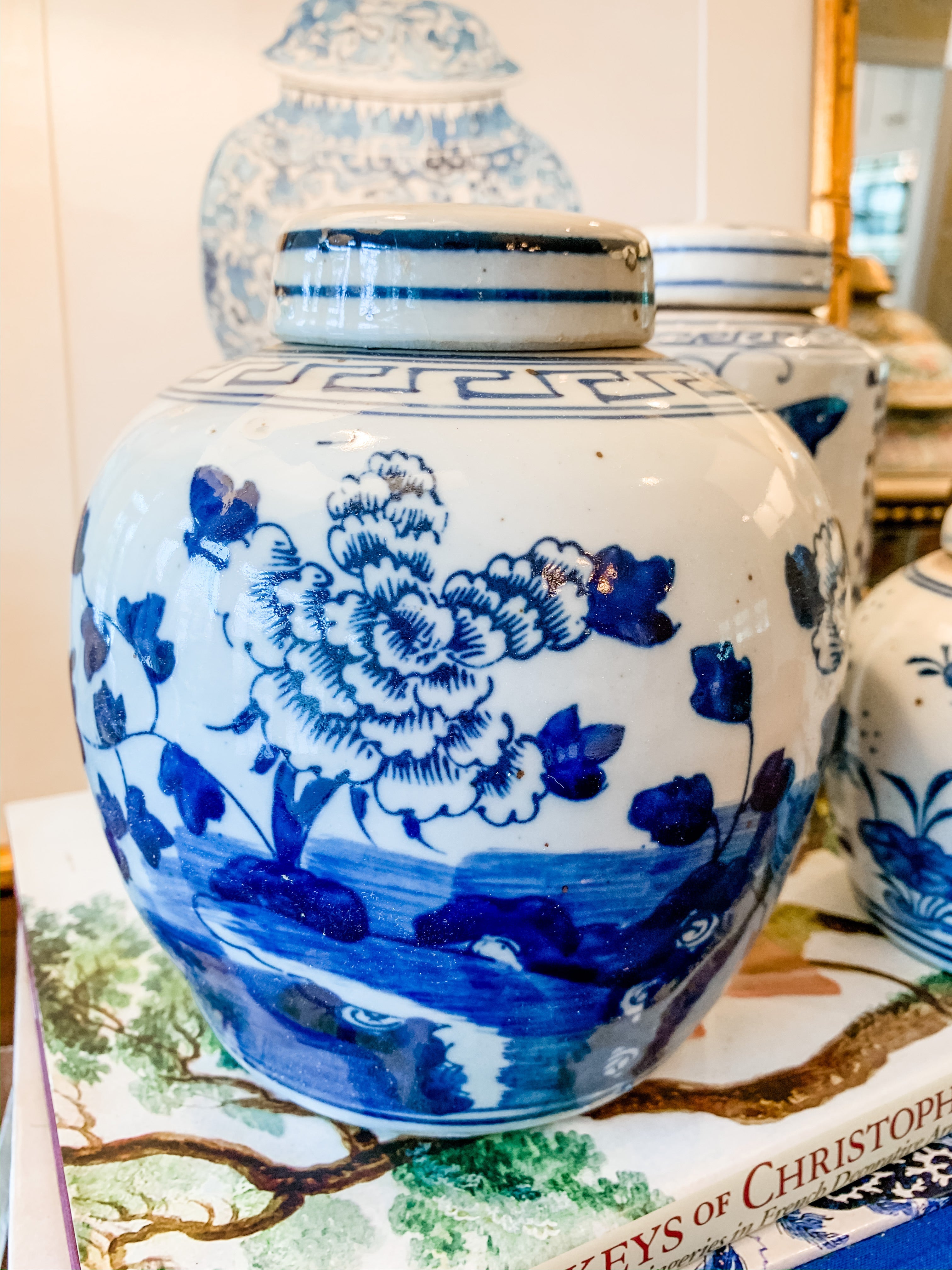 Shop Collectible Brooks for a wide selection of classic blue and white ginger jars, perfect for adding a touch of chinoiserie to your home decor!  This beautiful hand painted jar is made in the antique style and features a floral design.  It stands 6.5" tall.  