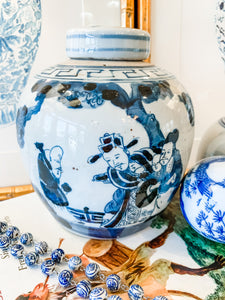 Shop Collectible Brooks for a wide selection of classic blue and white ginger jars, perfect for adding a touch of chinoiserie to your home decor!  This beautiful hand painted jar is made in the antique style and features a Chinese deities design.  It stands 6.5" tall.  