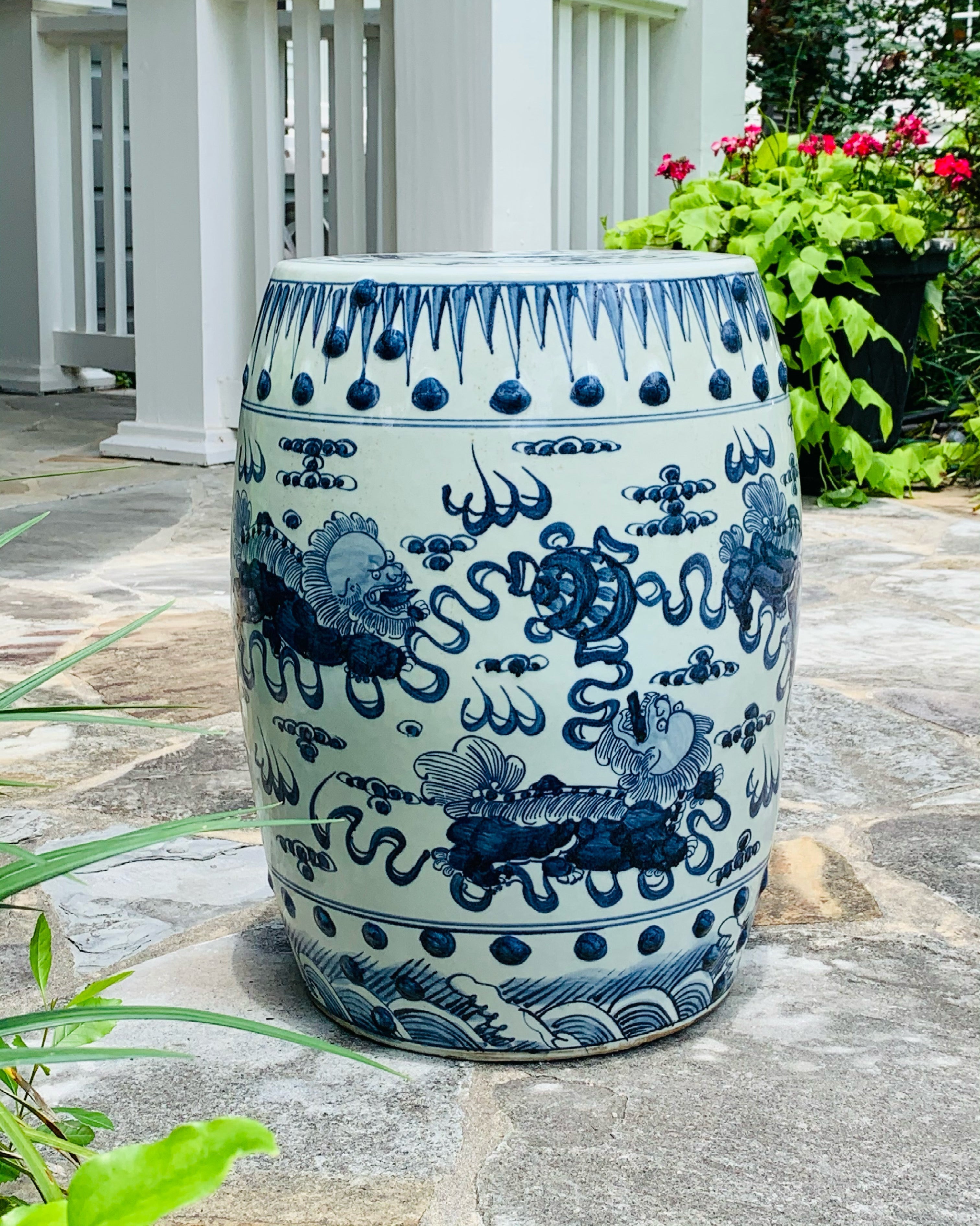 Antique-Style Blue and White Garden Stool with Foo Dogs, 18”
