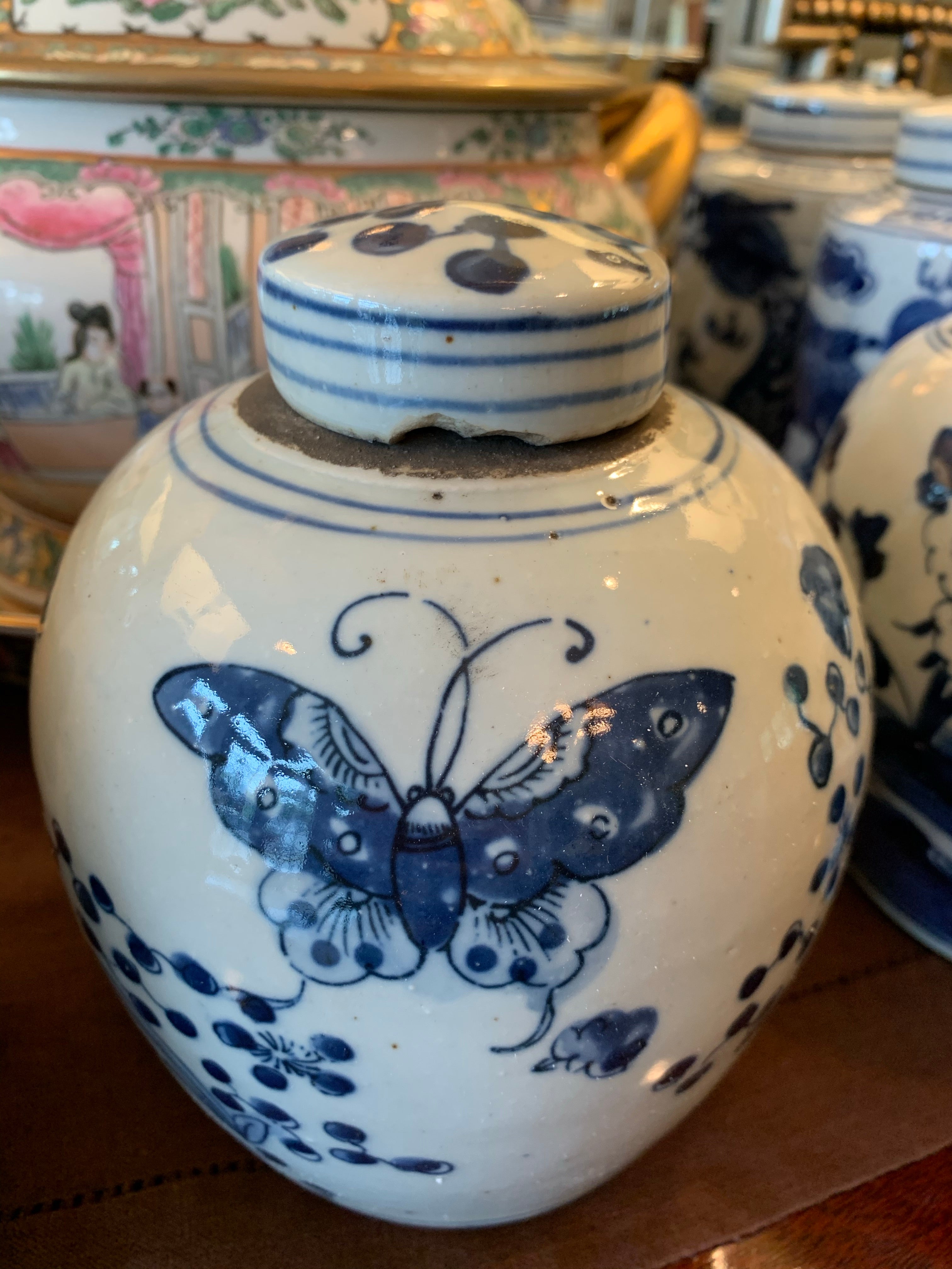 Antique-Style Blue & White Butterfly Ginger Jar, 6.5” - Collectible Brooks